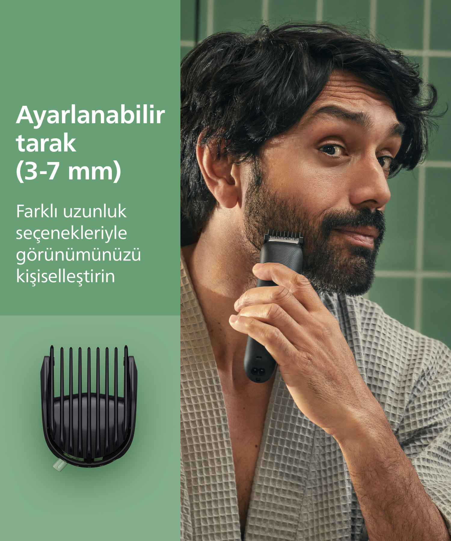 Adam sakalını bir tıraş makinesiyle kesiyor. Siyah bir tarak solda. Türkçe metin solda. Arka plan yeşil.