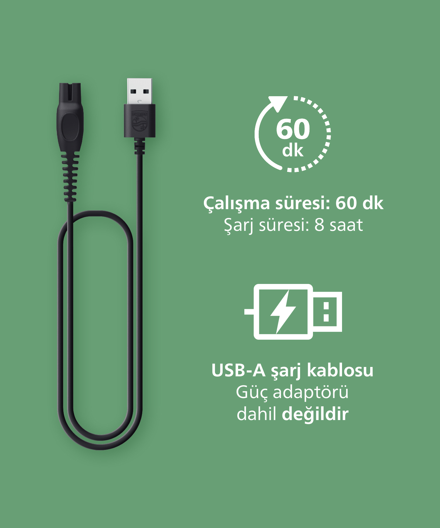 Siyah USB şarj kablosu. 60 dakika çalışma süresi ve 8 saat şarj süresi gösterir. Metin: USB-A şarj kablosu, güç adaptörü dahil değildir.