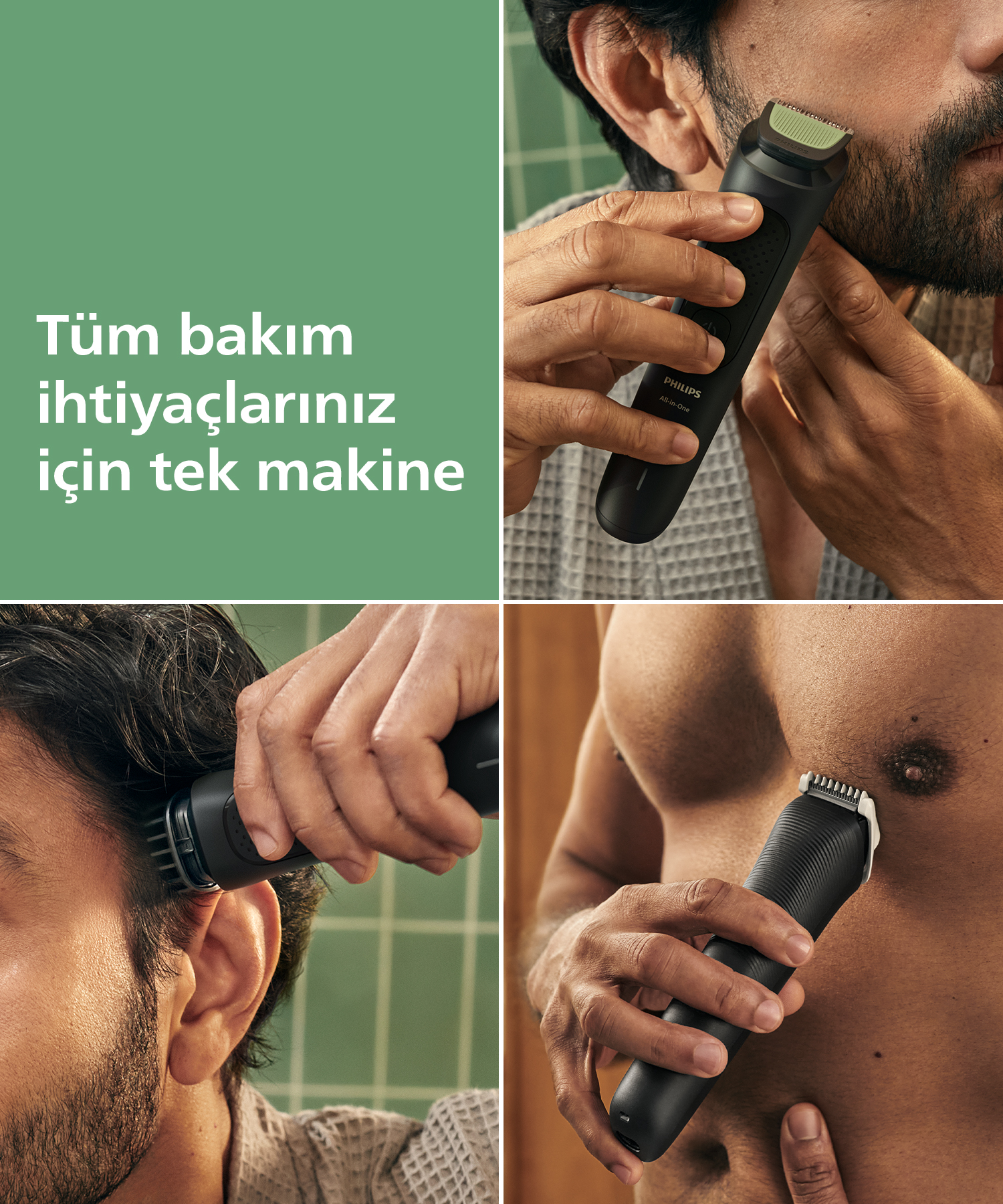 Bir adam yüzünde, saçında ve göğsünde siyah bir Philips düzeltici kullanıyor. Arka plan yeşil fayanslı bir duvar.