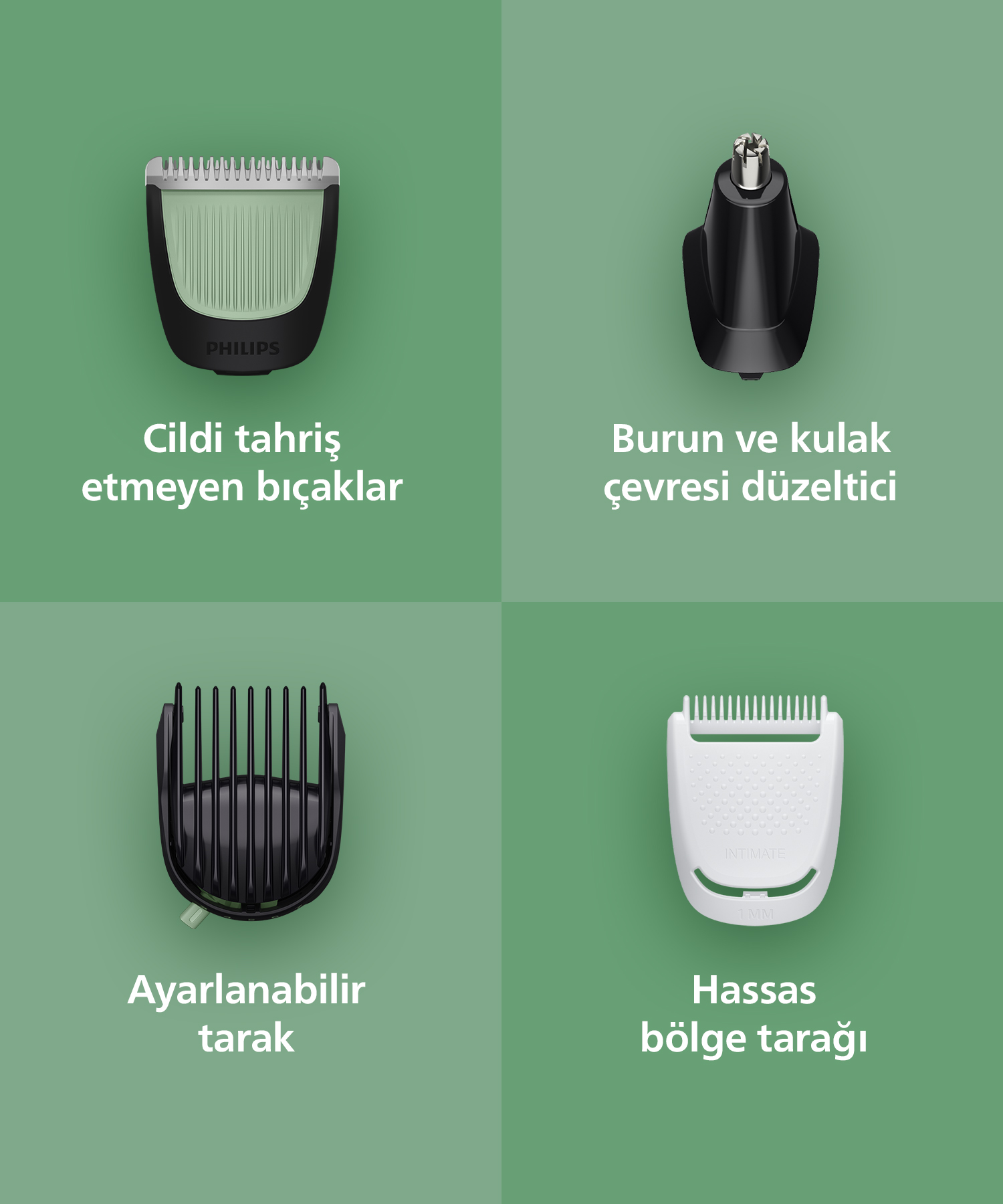 Görselde dört tıraş başlığı bulunuyor: bıçaklar, burun/kulak düzeltici, ayarlanabilir tarak ve hassas bölge tarağı, yeşil arka plan üzerinde.