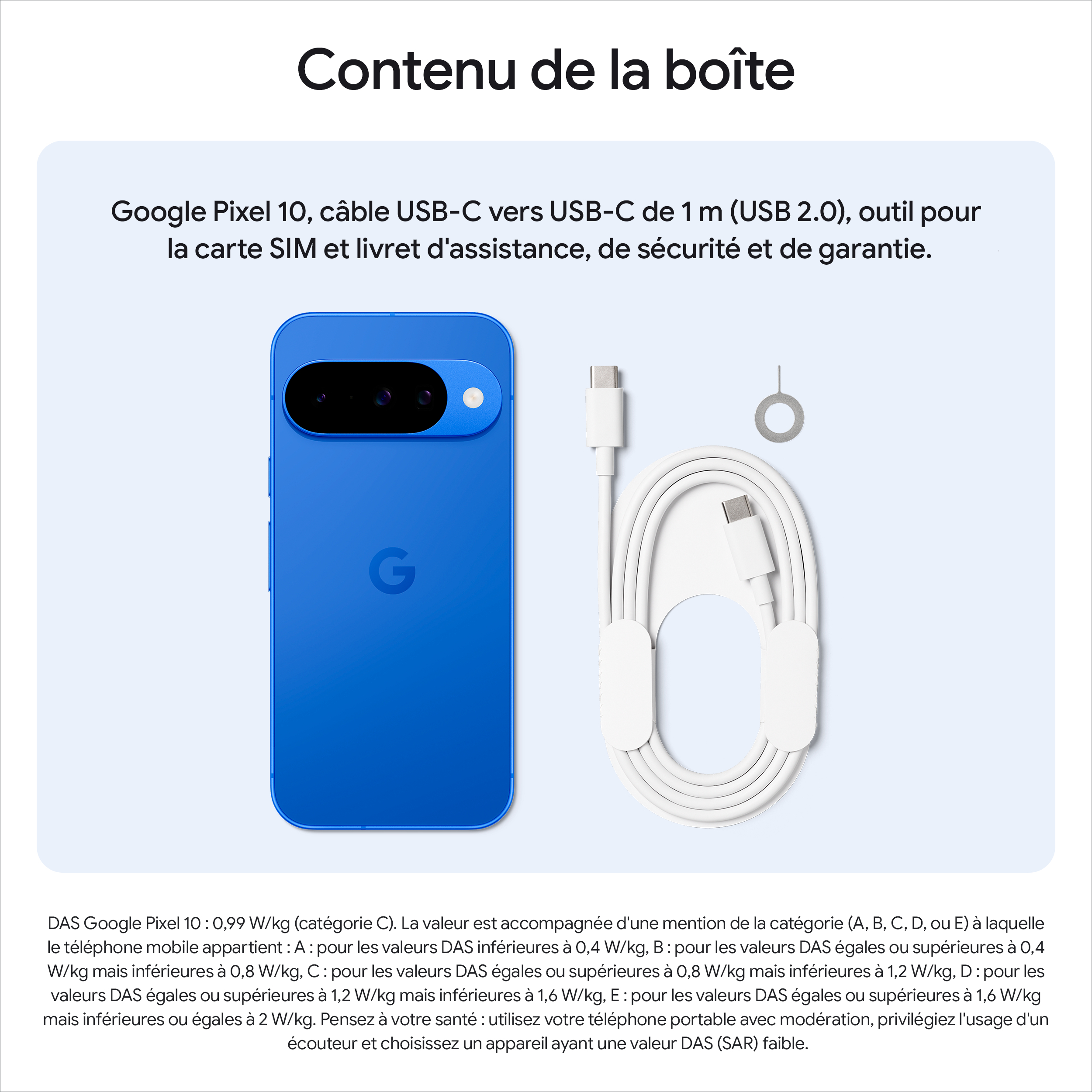 Téléphone bleu, câble blanc, outil SIM et documents sur fond blanc. Texte en haut et en bas.