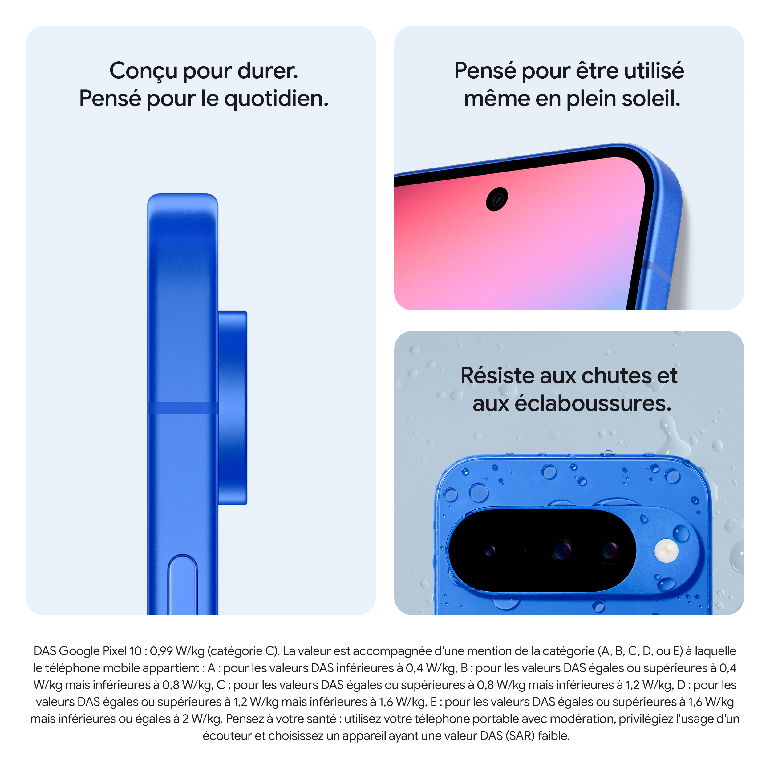 L'image présente un téléphone bleu avec du texte sur la durabilité, l'utilisation au soleil et la résistance aux chocs et éclaboussures.