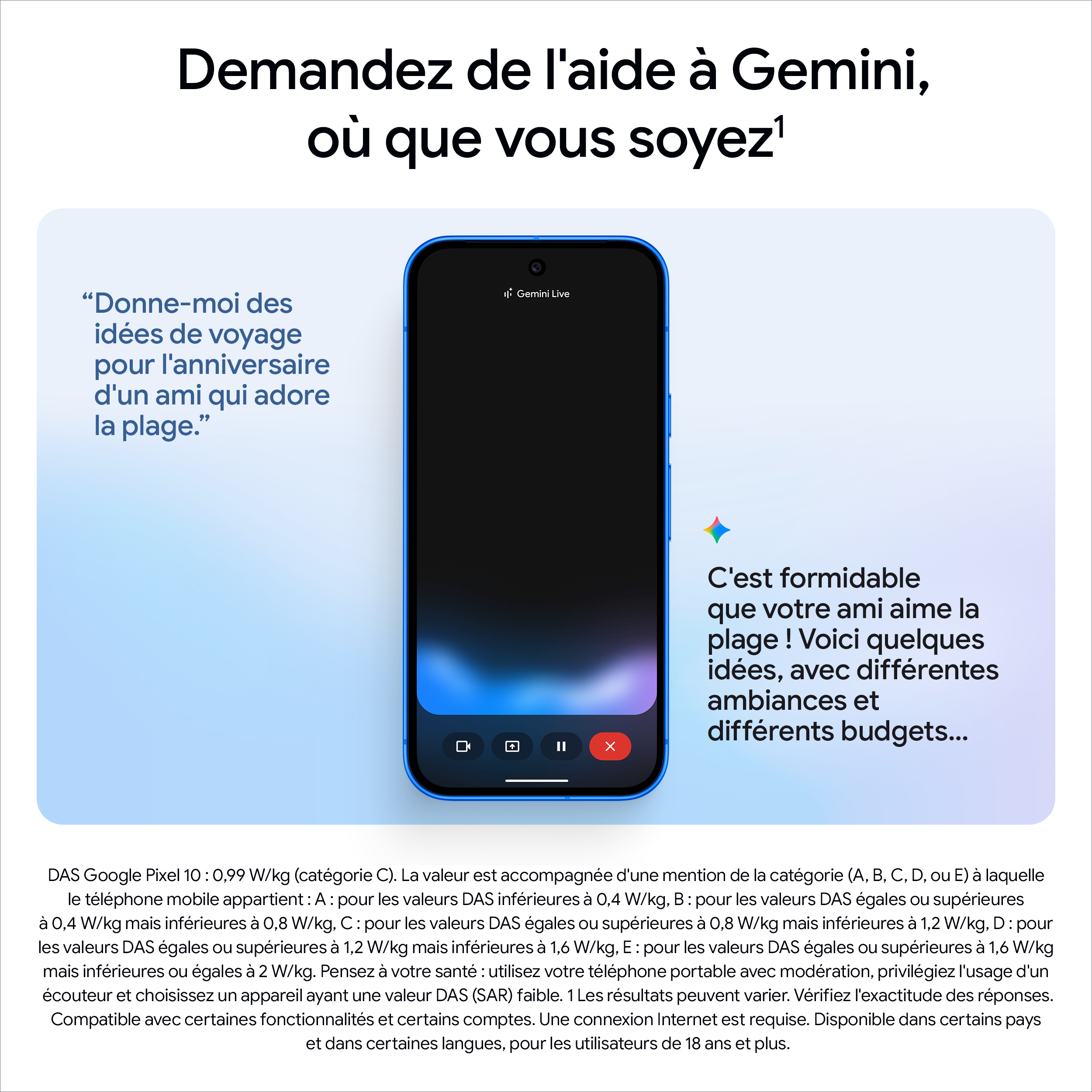 Téléphone avec l'application Gemini ouverte. Bulles de texte et texte en français sur des idées de voyage pour un ami de plage.