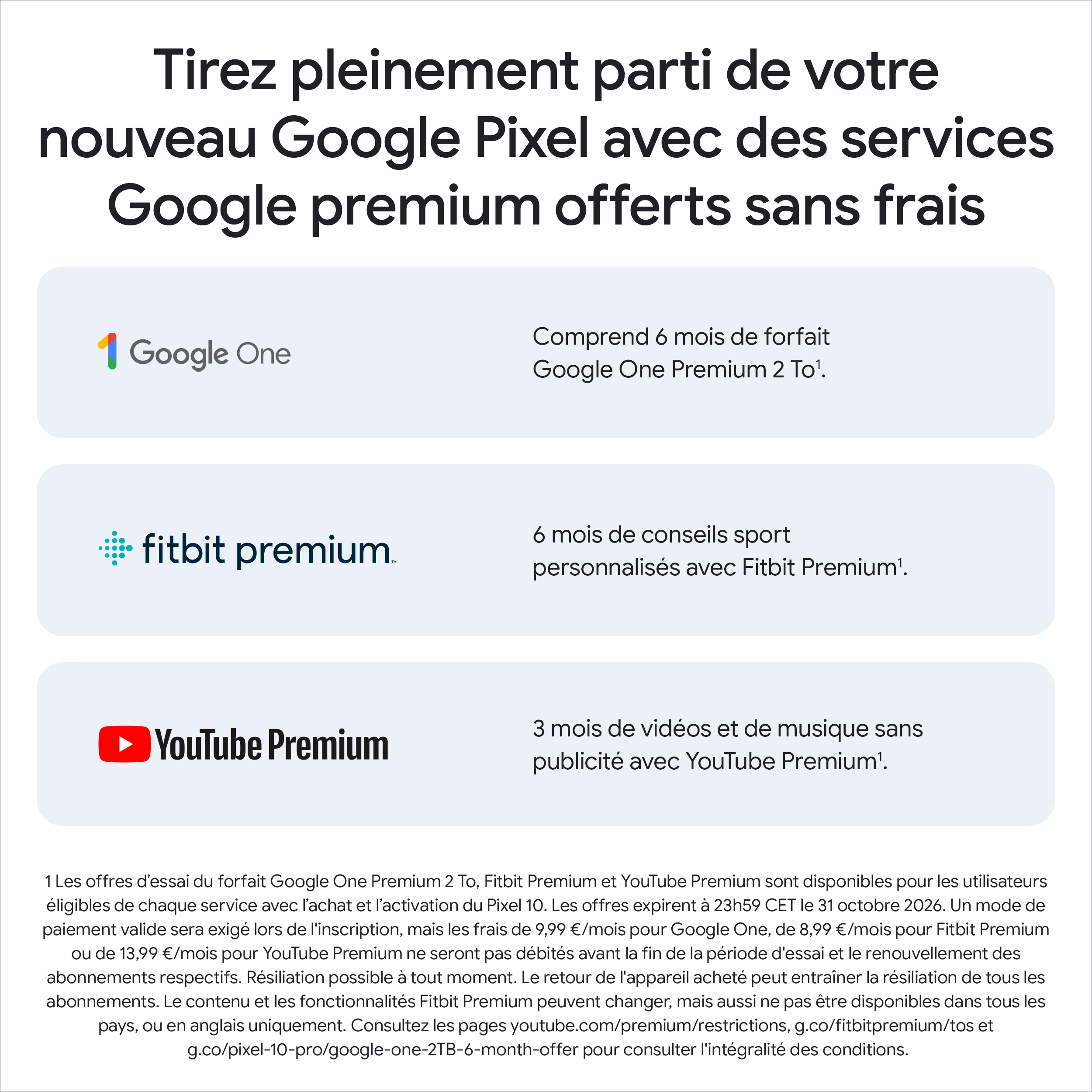 Image promotionnelle pour Google Pixel. Offres Google One, Fitbit Premium et YouTube Premium. Texte et logos inclus.