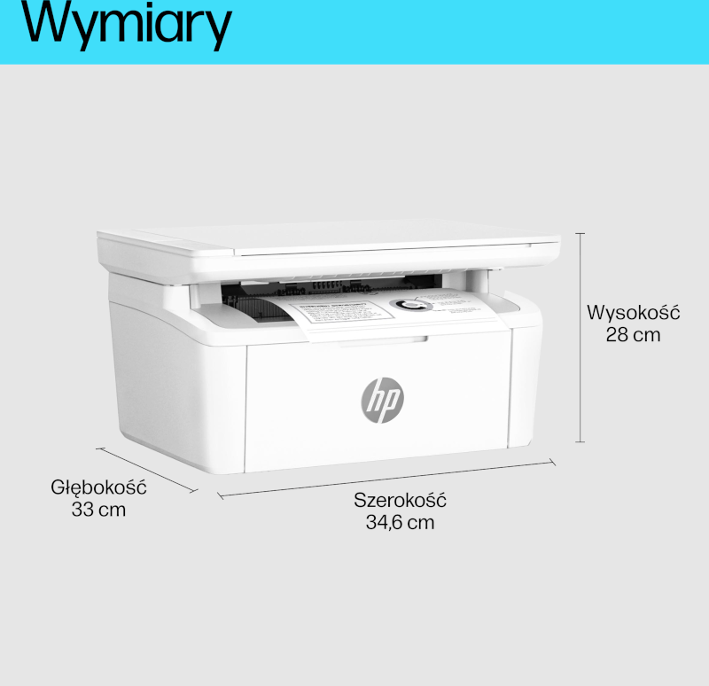 Biała drukarka HP z wymiarami: głębokość 33 cm, szerokość 34,6 cm i wysokość 28 cm. Widoczne logo HP.