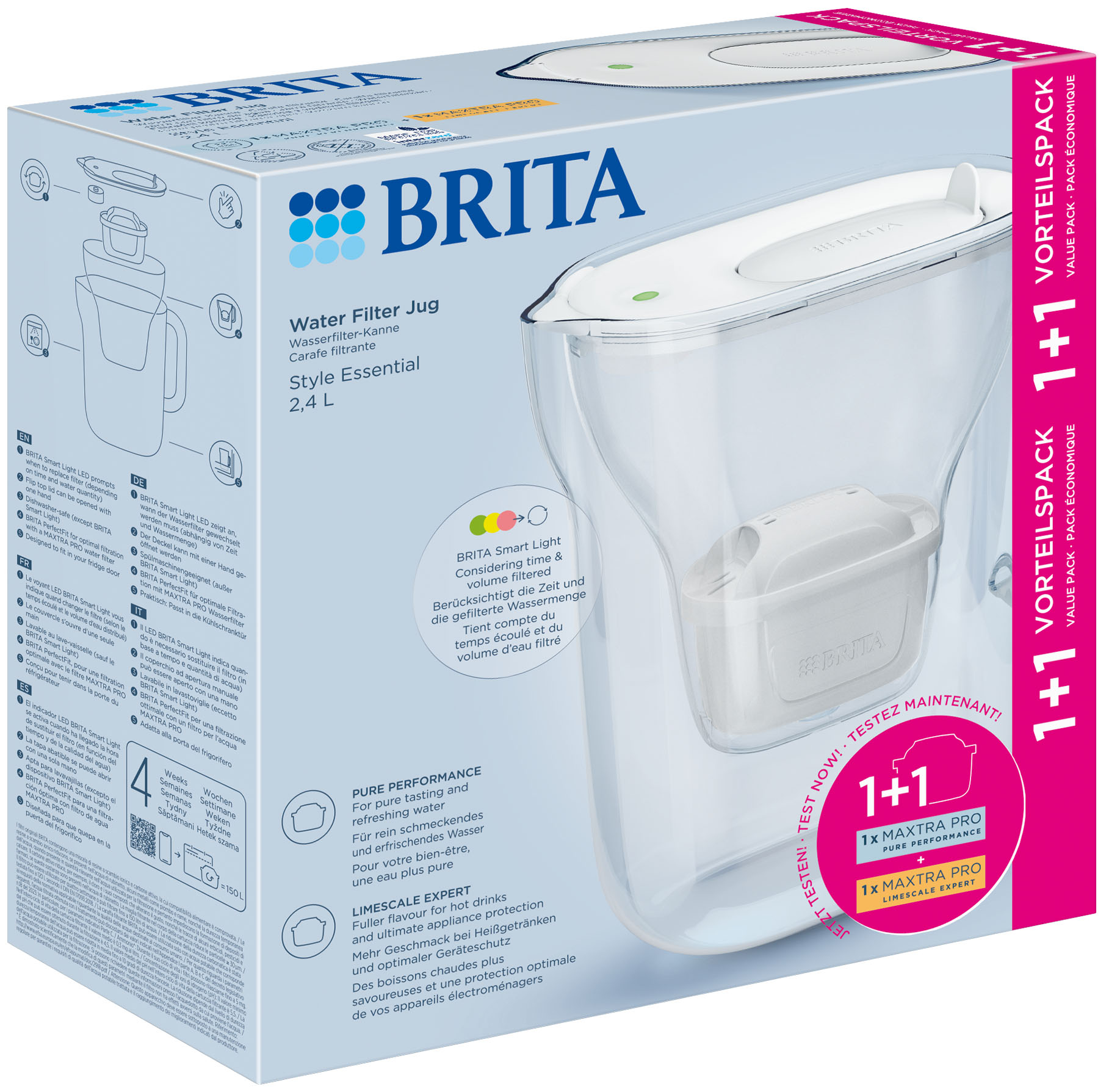Dobozos Brita vízszűrő kancsó. Brita logóval, termékadatokkal és 1+1 ajánlattal. Fehér kancsó látható.