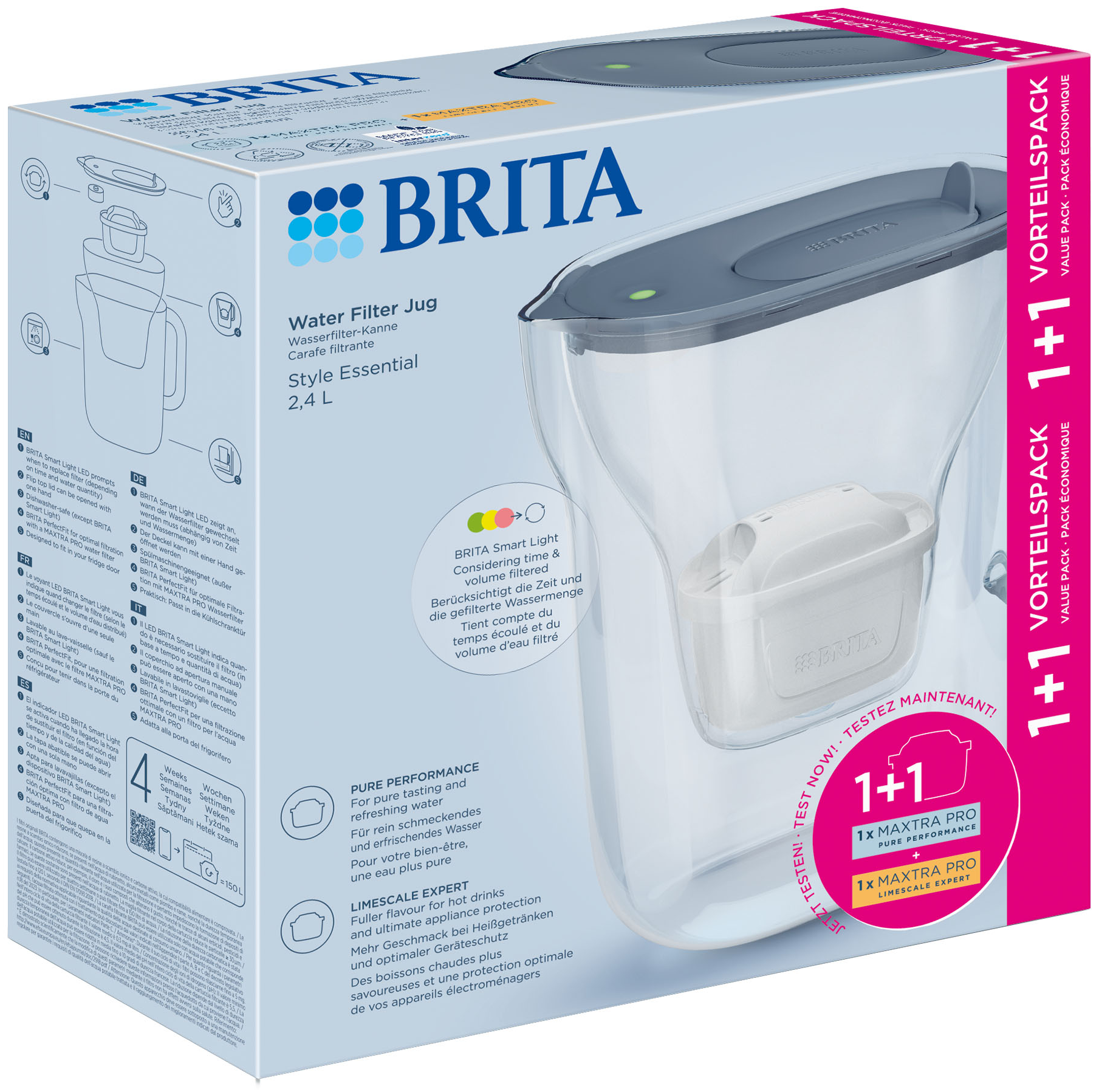 Brita vízszűrő kancsó doboz. Fehér kancsó szürke fedővel. A szöveg tartalmazza az '1+1' és 'MAXTRA PRO' szöveget.