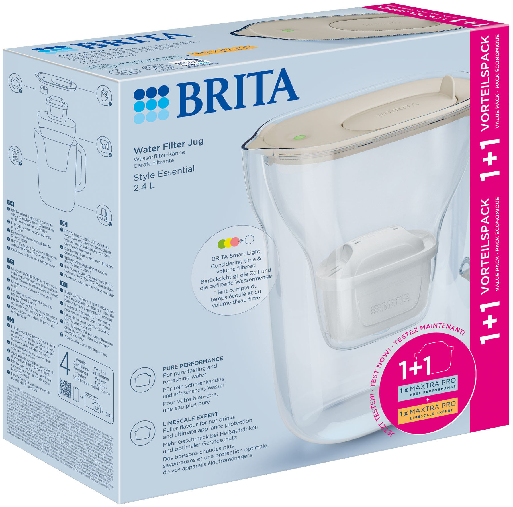 BRITA vízszűrő kancsó doboz. A kancsót, a szövegeket és egy 1+1 ajánlatot mutat.