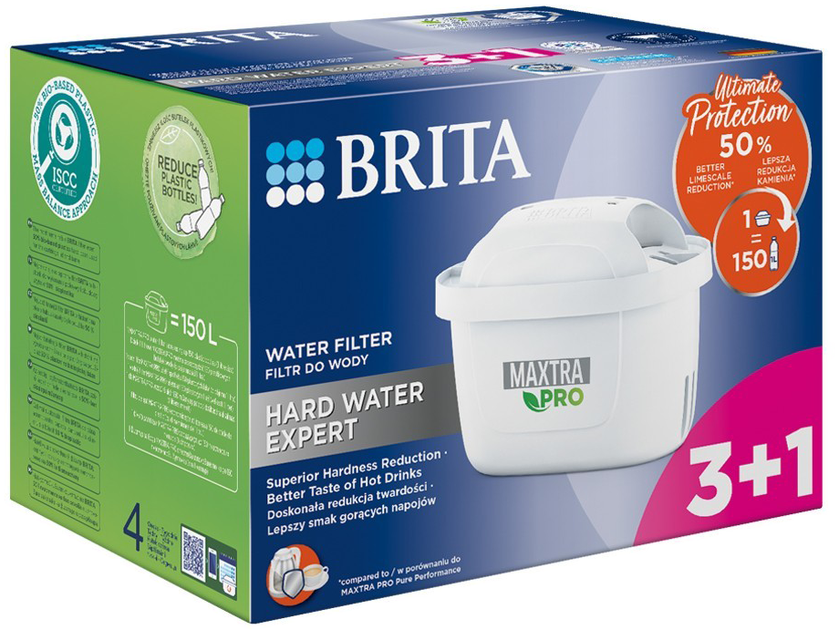 Brita vízszűrők doboza. Fehér szűrővel, vízszűrésről szóló szöveggel, zöld és kék színvilággal.