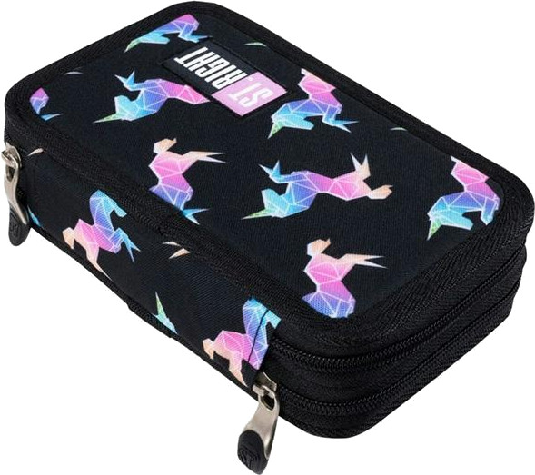 Czarny piórnik z geometrycznym wzorem jednorożca, dwoma zamkami błyskawicznymi i logo ST. RIGHT. Zamki są srebrne.