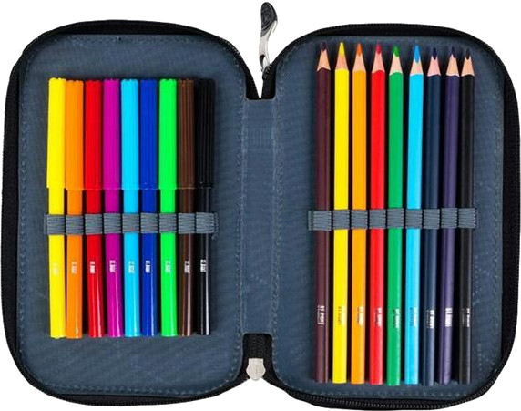 Otwarty piórnik z kolorowymi markerami i ołówkami. Markery po lewej, ołówki po prawej, ułożone kolorami.