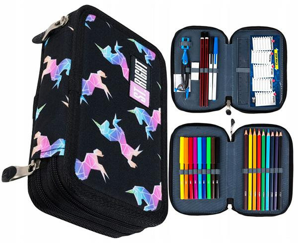 Czarny piórnik z geometrycznym wzorem jednorożca, otwarty, aby odsłonić ołówki, markery i inne artykuły piśmiennicze. Oznaczony „ST RIGHT”.