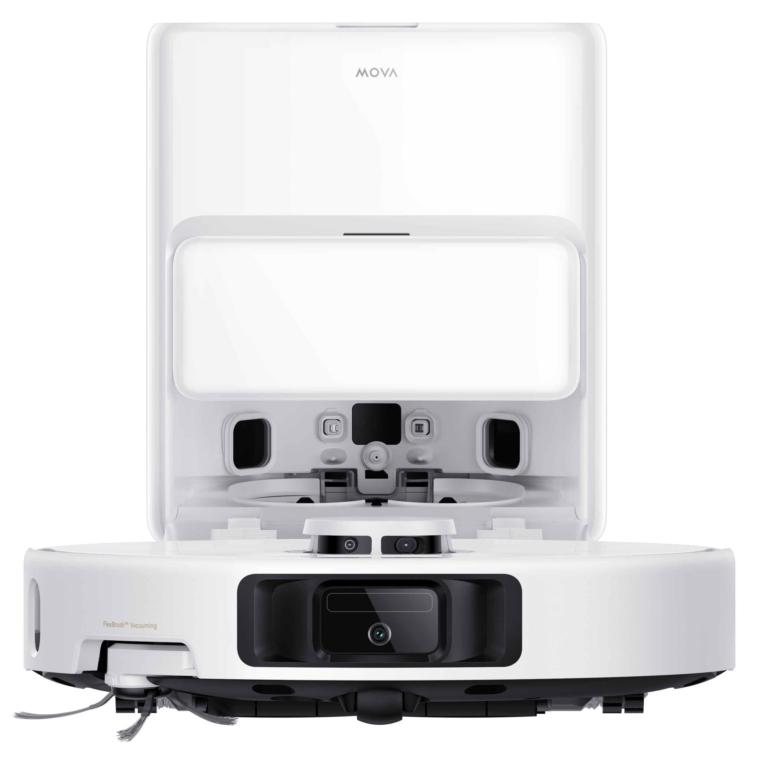 Biały robot odkurzający. Ma górną część z marką 'MOVA' i dolną, okrągłą głowicę czyszczącą.
