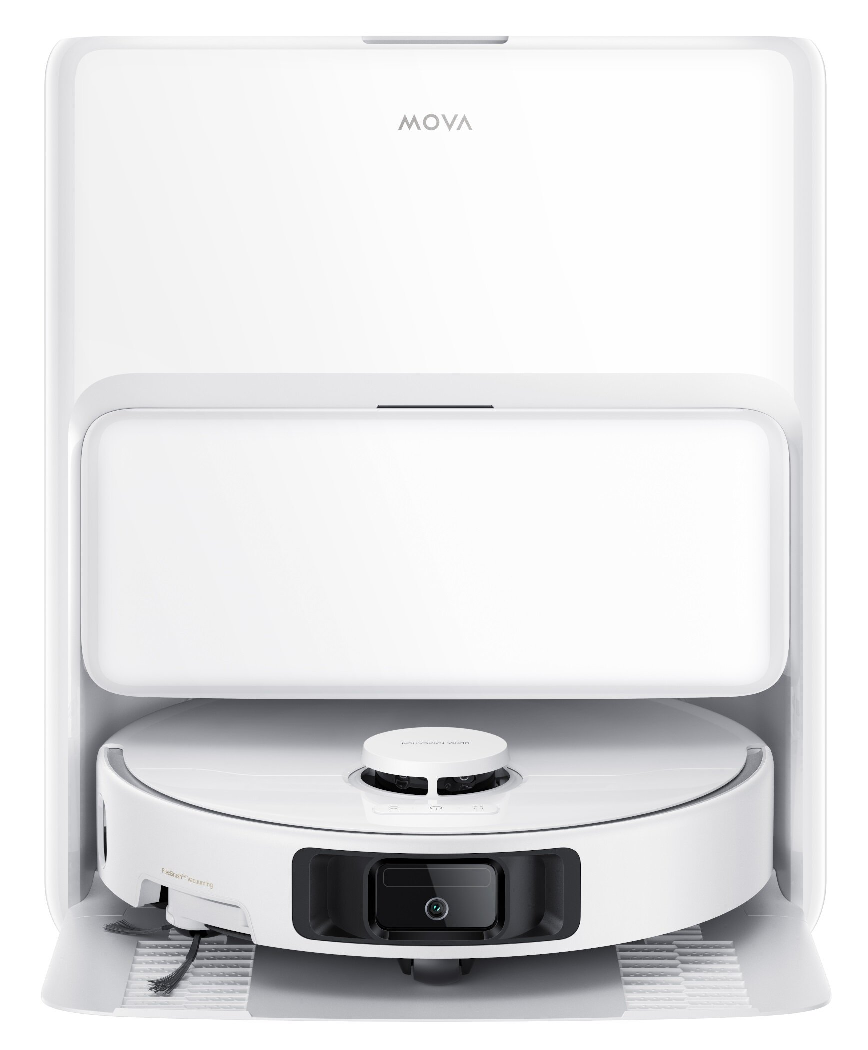 Biały odkurzacz robot MOVA jest zadokowany w stacji ładującej. Urządzenie ma okrągły korpus i czarną kamerę.