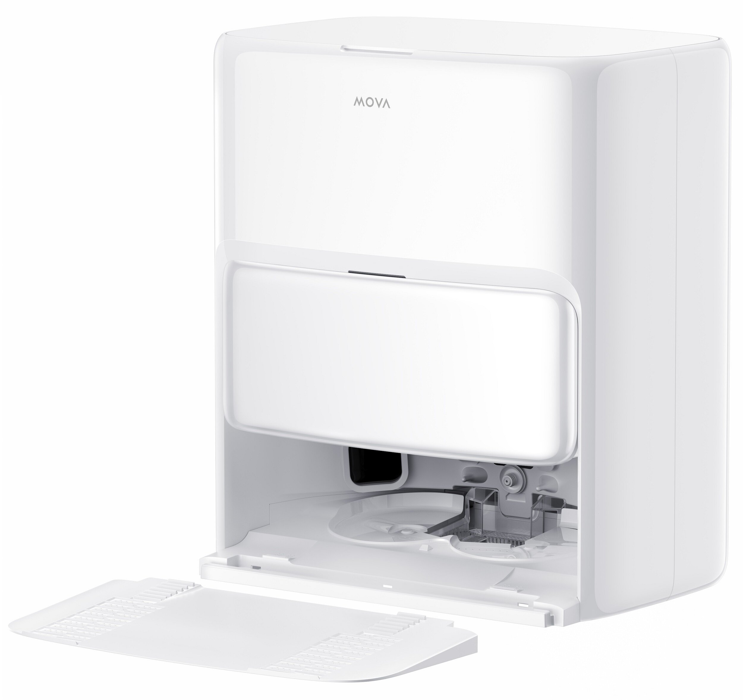 Wyświetlany jest biały robot sprzątający MOVA. Przedni panel jest otwarty, a pod nim znajduje się odłączona biała taca.