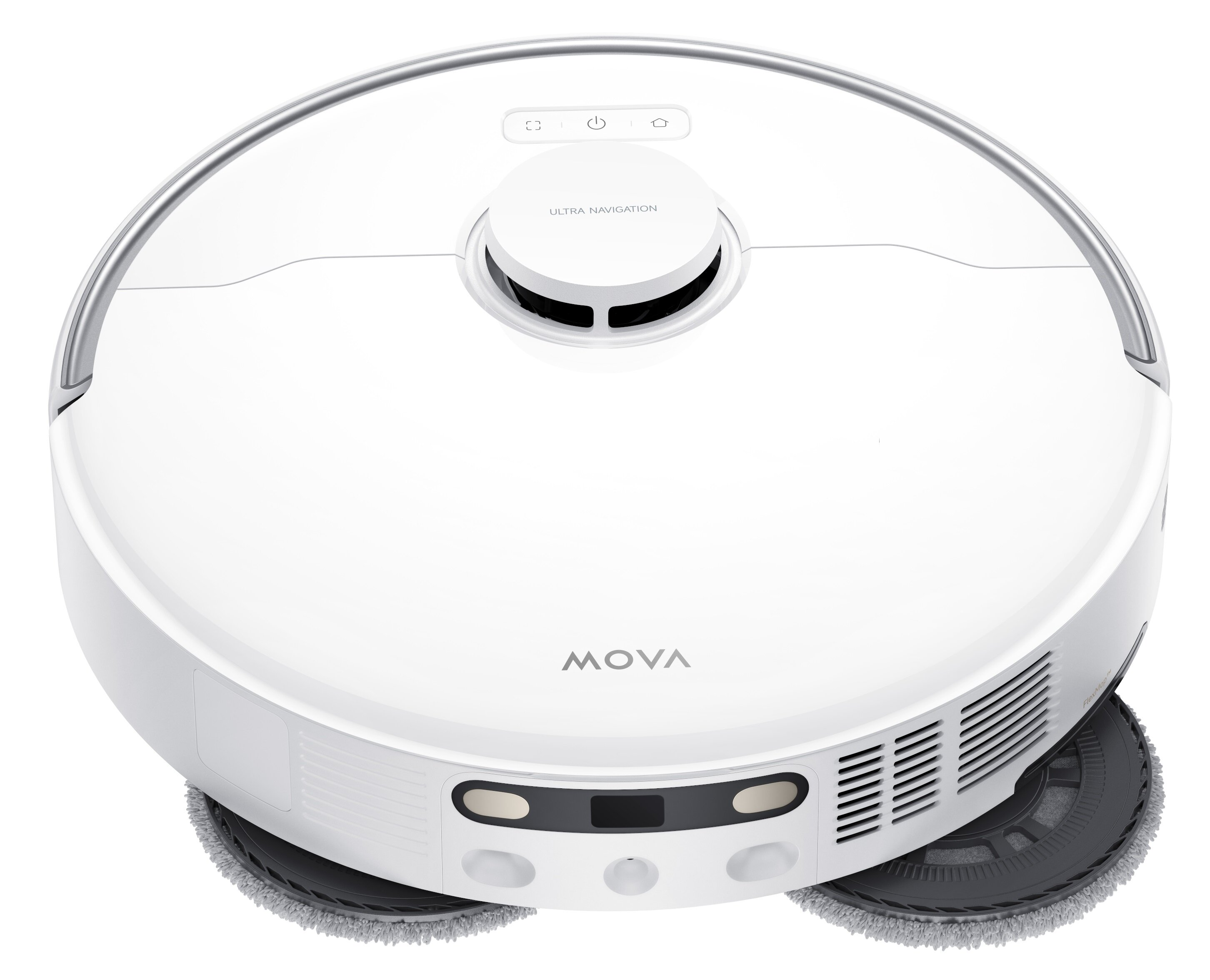 Biały odkurzacz robot MOVA. Funkcje: ultra nawigacja, przycisk zasilania i dwie nakładki czyszczące.