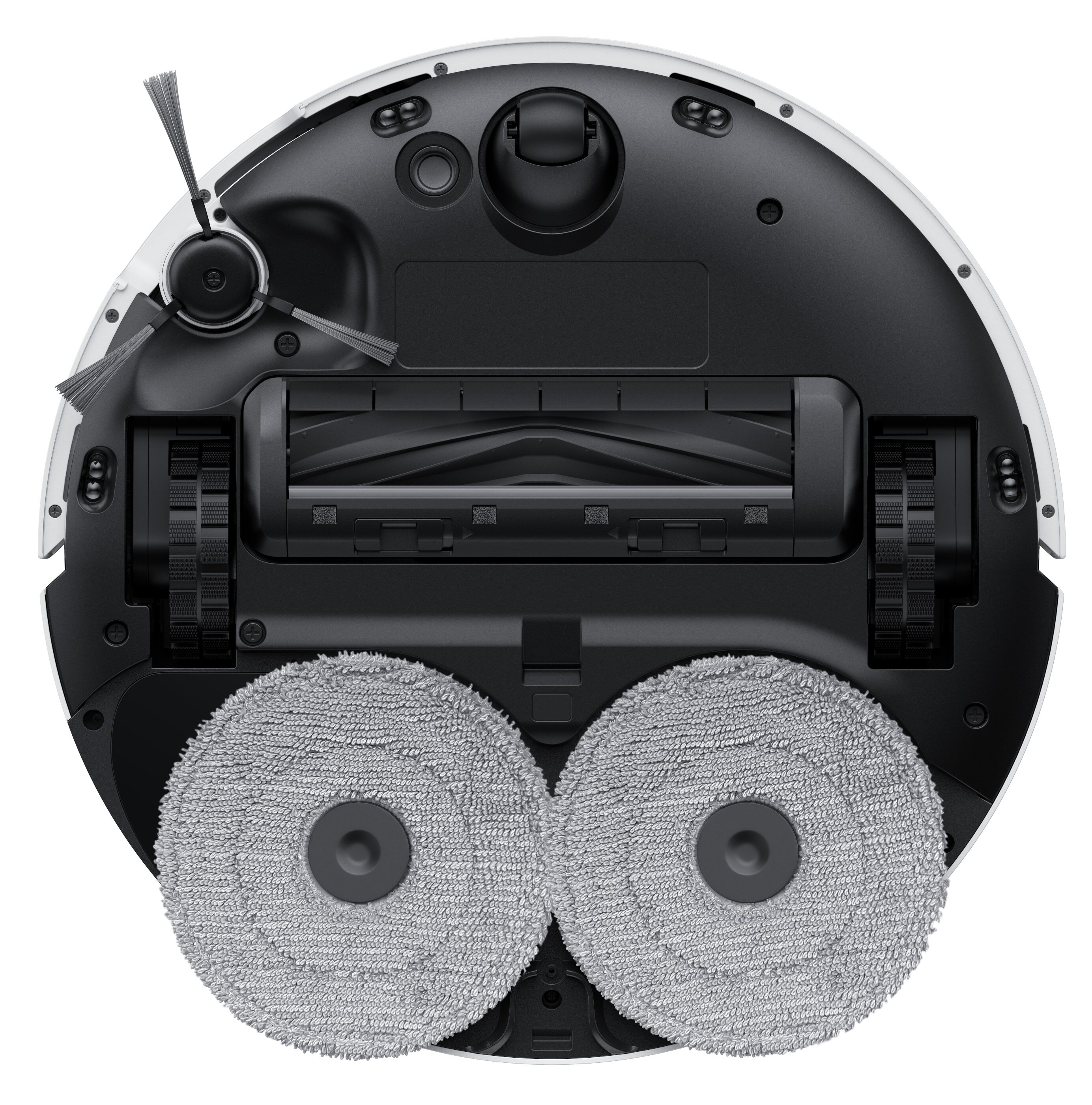 Widok od spodu robota sprzątającego, ze szczotkami, kołami, pojemnikiem i dwoma okrągłymi mopami.