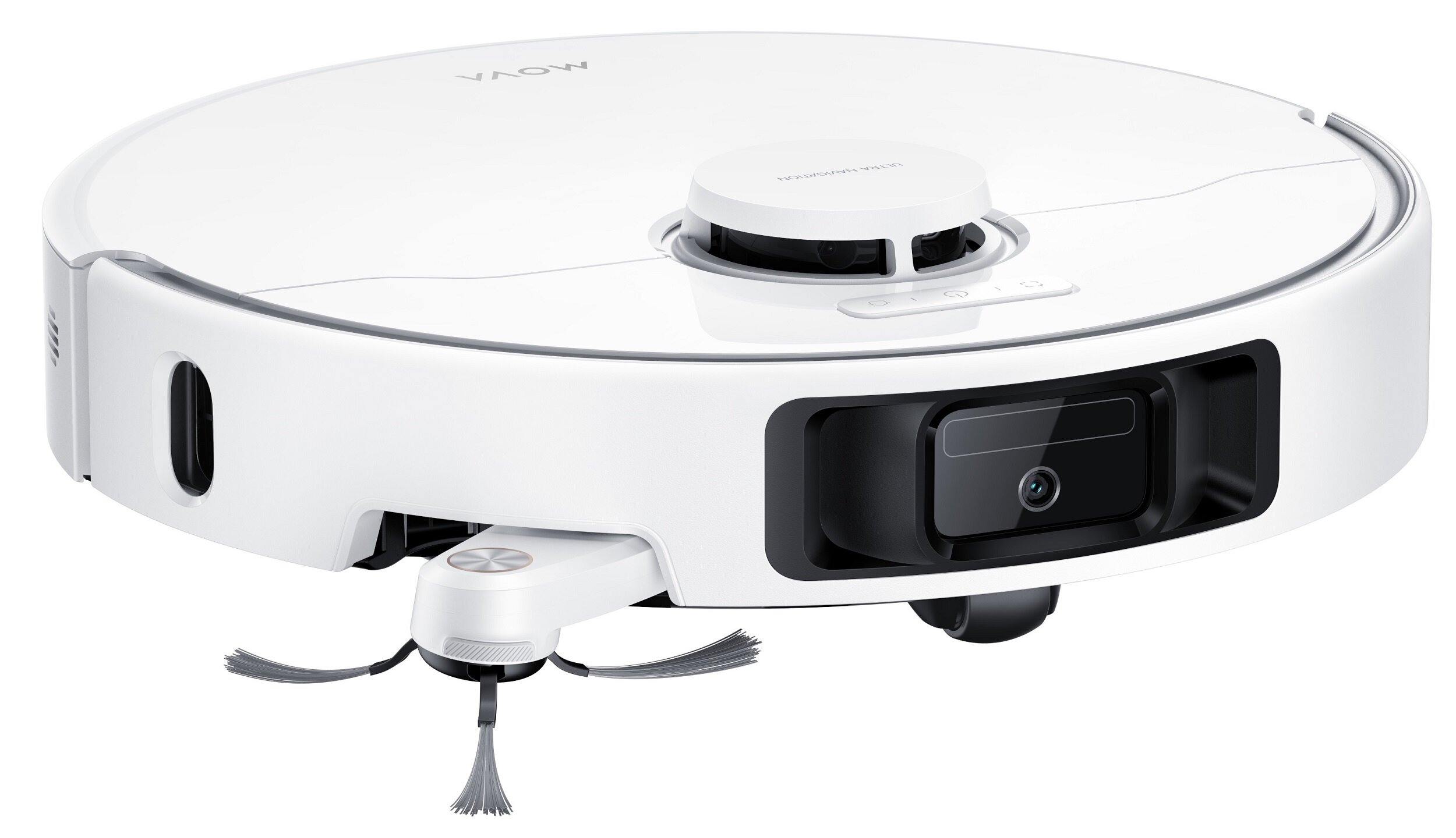 Biały robot odkurzający. Ma okrągły kształt z centralną wieżą i szczotkami bocznymi. Czarne czujniki z przodu.