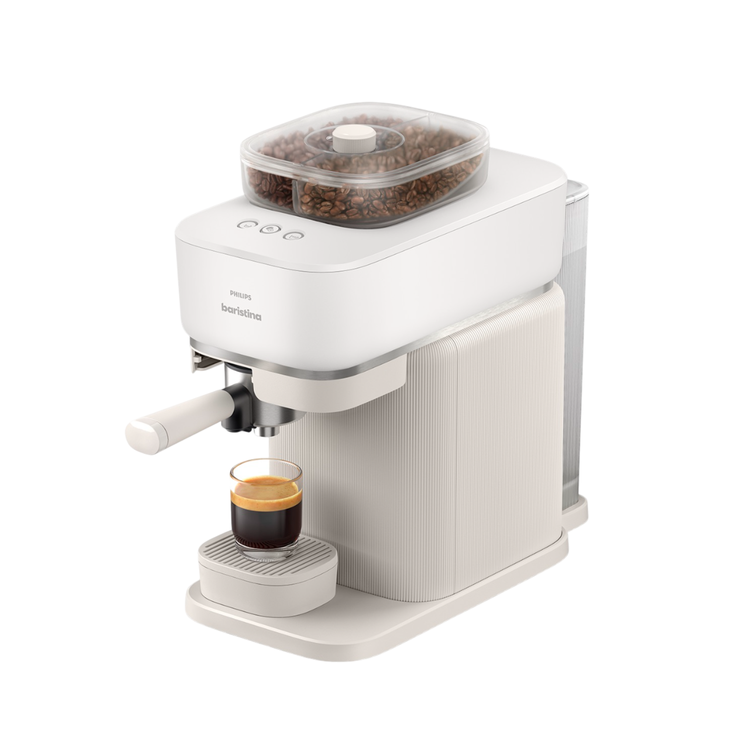 Een witte Philips Baristina espressomachine met koffiebonen in een doorzichtige bak. Een glas espresso eronder.