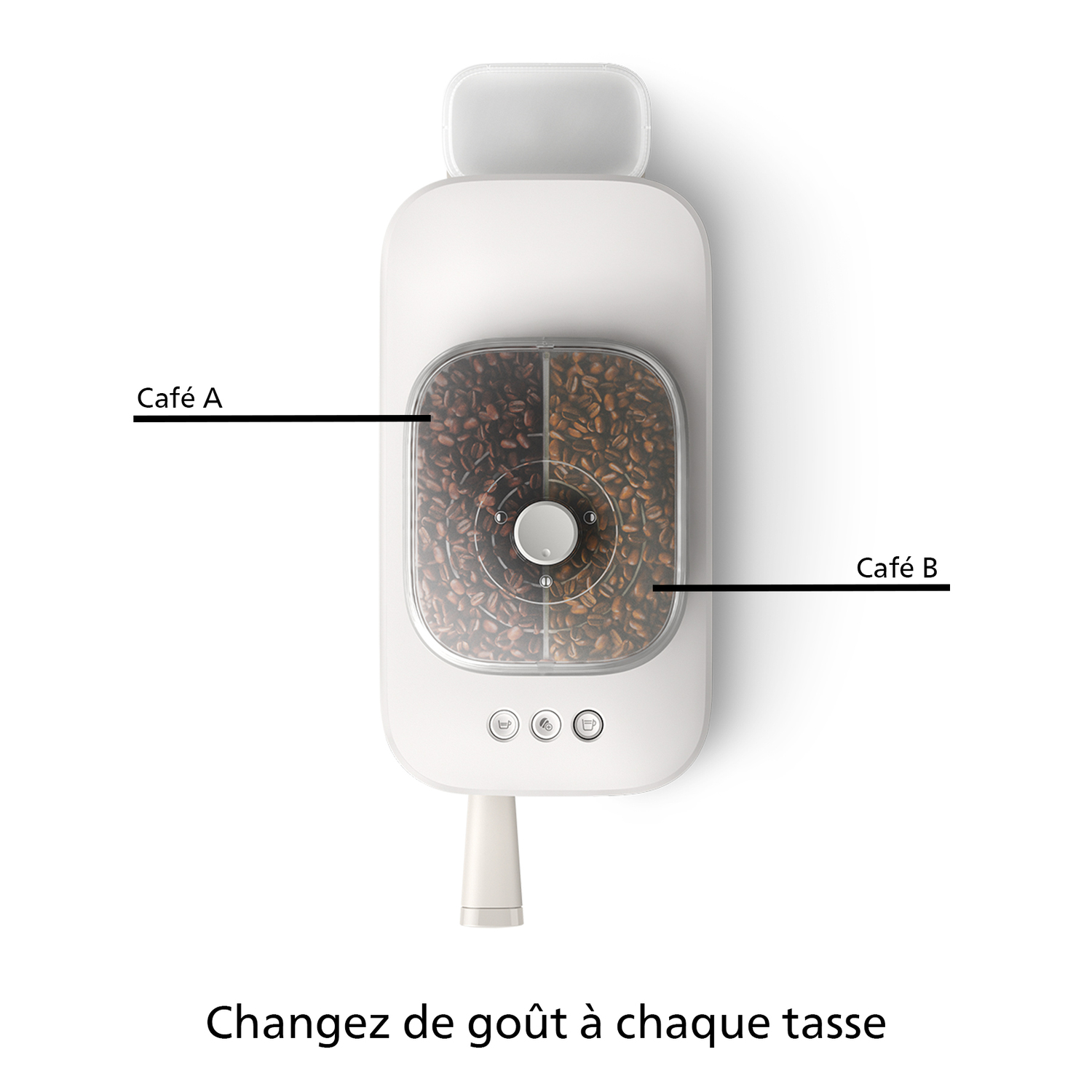 Witte koffiemachine met twee compartimenten, gemarkeerd met 'Café A' en 'Café B'. De tekst hieronder luidt: 'Verander je smaak met elke kop'.