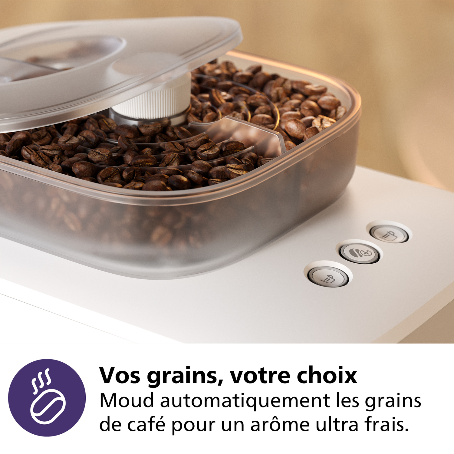 Koffiebonen in een bak, met een witte machinebasis en bedieningsknoppen. Tekst hieronder luidt: 'Uw granen, uw keuze'.