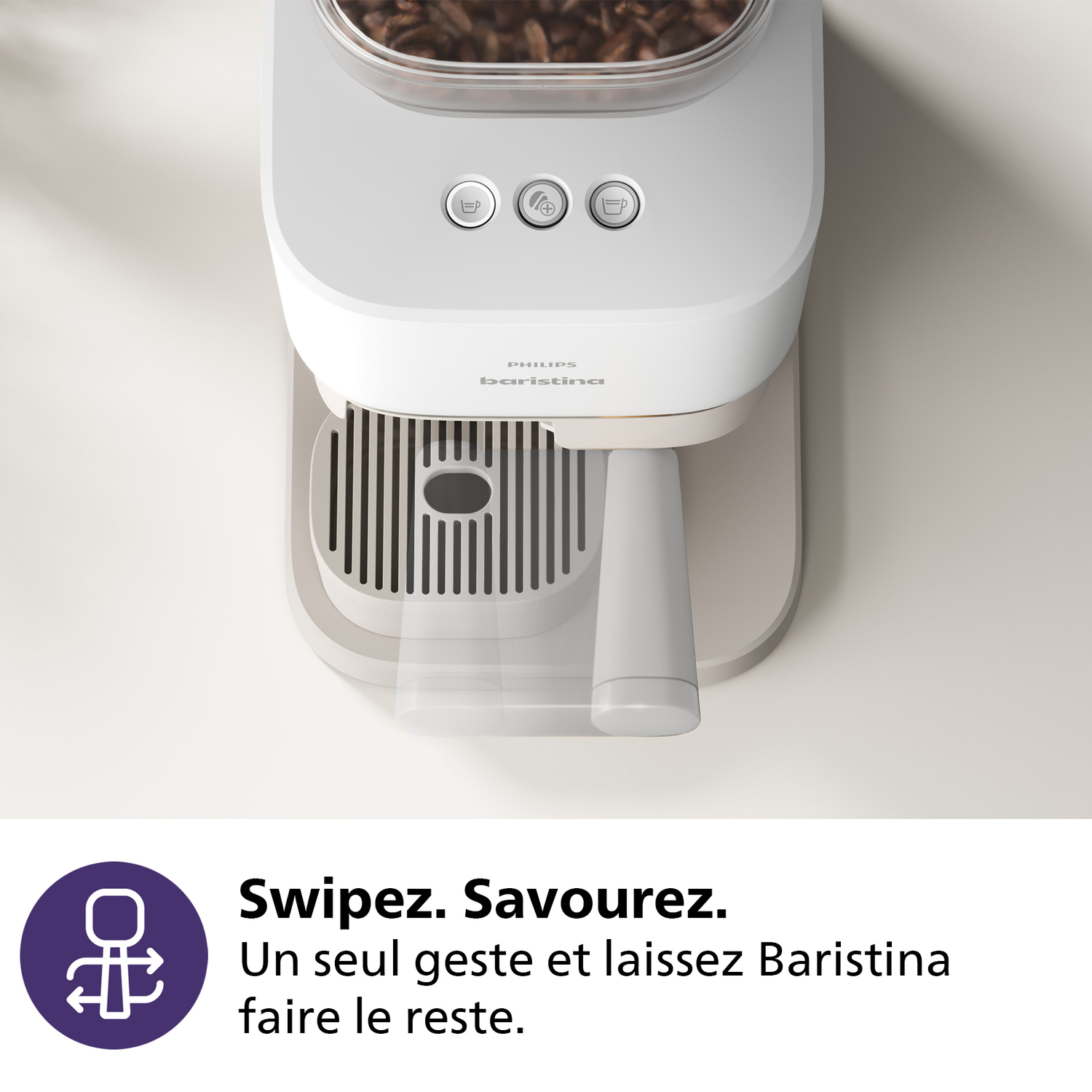 Een witte Philips Baristina koffiemachine. Het heeft een bonencontainer en bedieningsknoppen. De machine staat op een lichtbeige oppervlak.