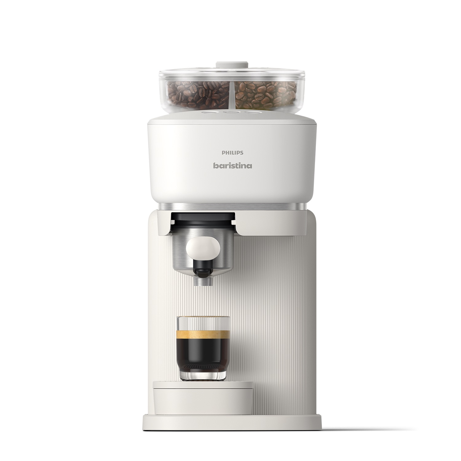 Een witte Philips Baristina koffiemachine. Het heeft een bonencontainer bovenop, een kopje espresso onderaan en wat koffiebonen.