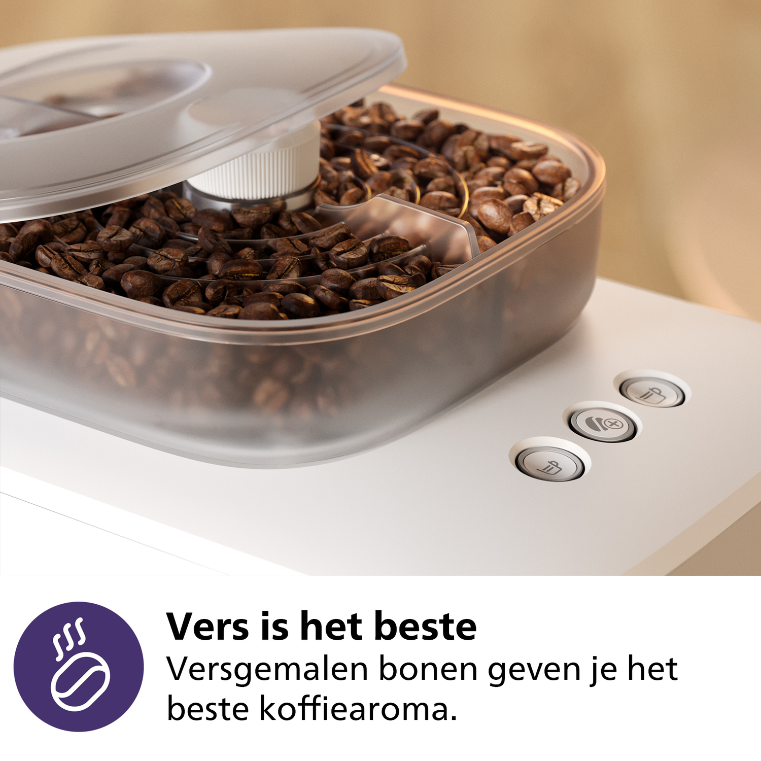 Een koffiebonencontainer gevuld met bruine bonen, gedeeltelijk open, op een wit oppervlak met bedieningsknoppen. Tekst: Vers is het beste.