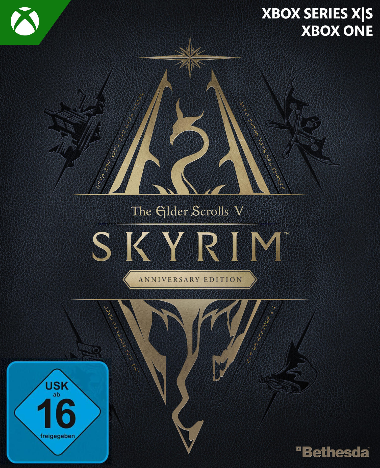 Spielcover für The Elder Scrolls V: Skyrim Anniversary Edition. Mit Spiellogo, einem Drachen und Xbox-Logos. Bewertung: USK ab 16.