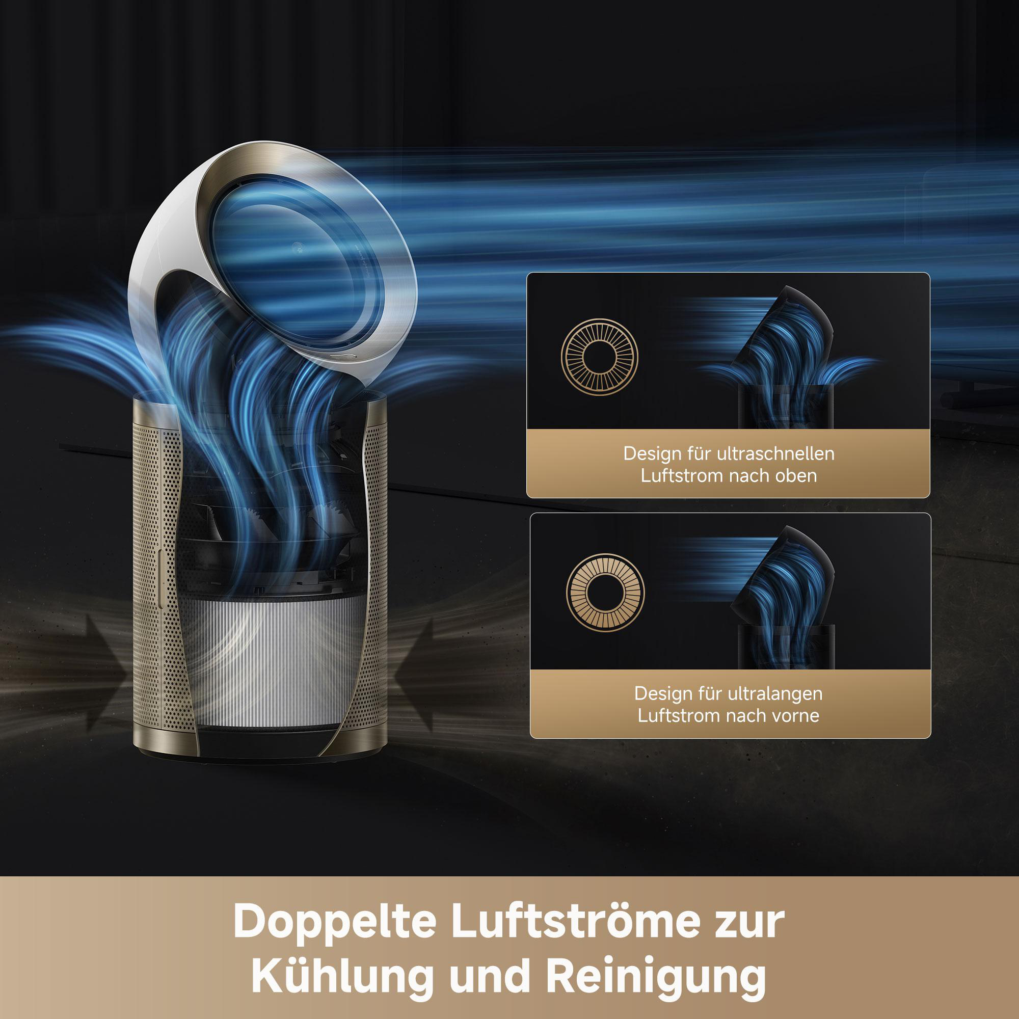 Ein Luftreiniger mit doppeltem Luftstrom, der die internen Komponenten und Luftströmungsmuster zeigt. Text erwähnt Kühlung und Reinigung.