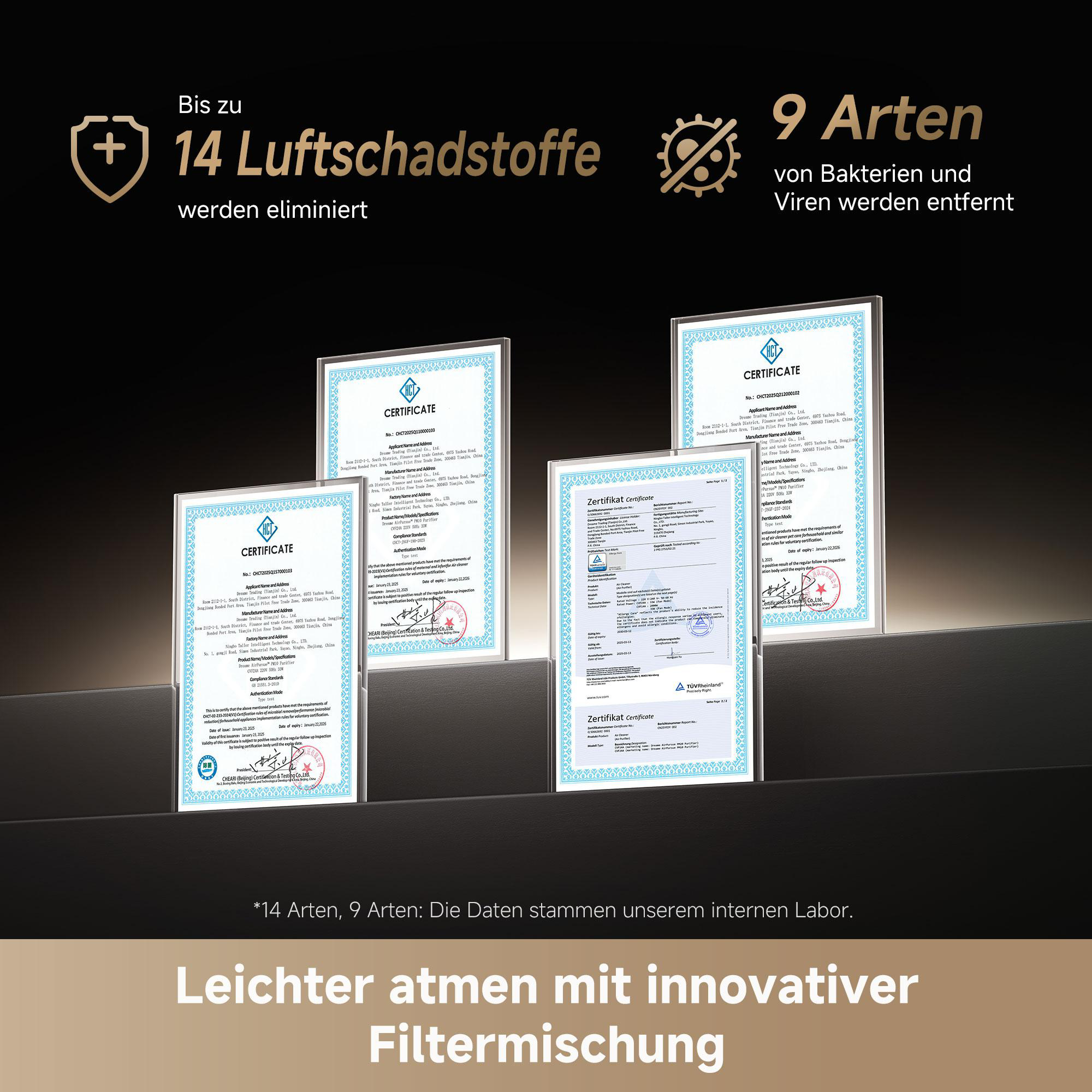 Das Bild zeigt Zertifizierungen, Text zur Beseitigung von Schadstoffen und zur Entfernung von Bakterien und Viren. Der Hintergrund ist schwarz.