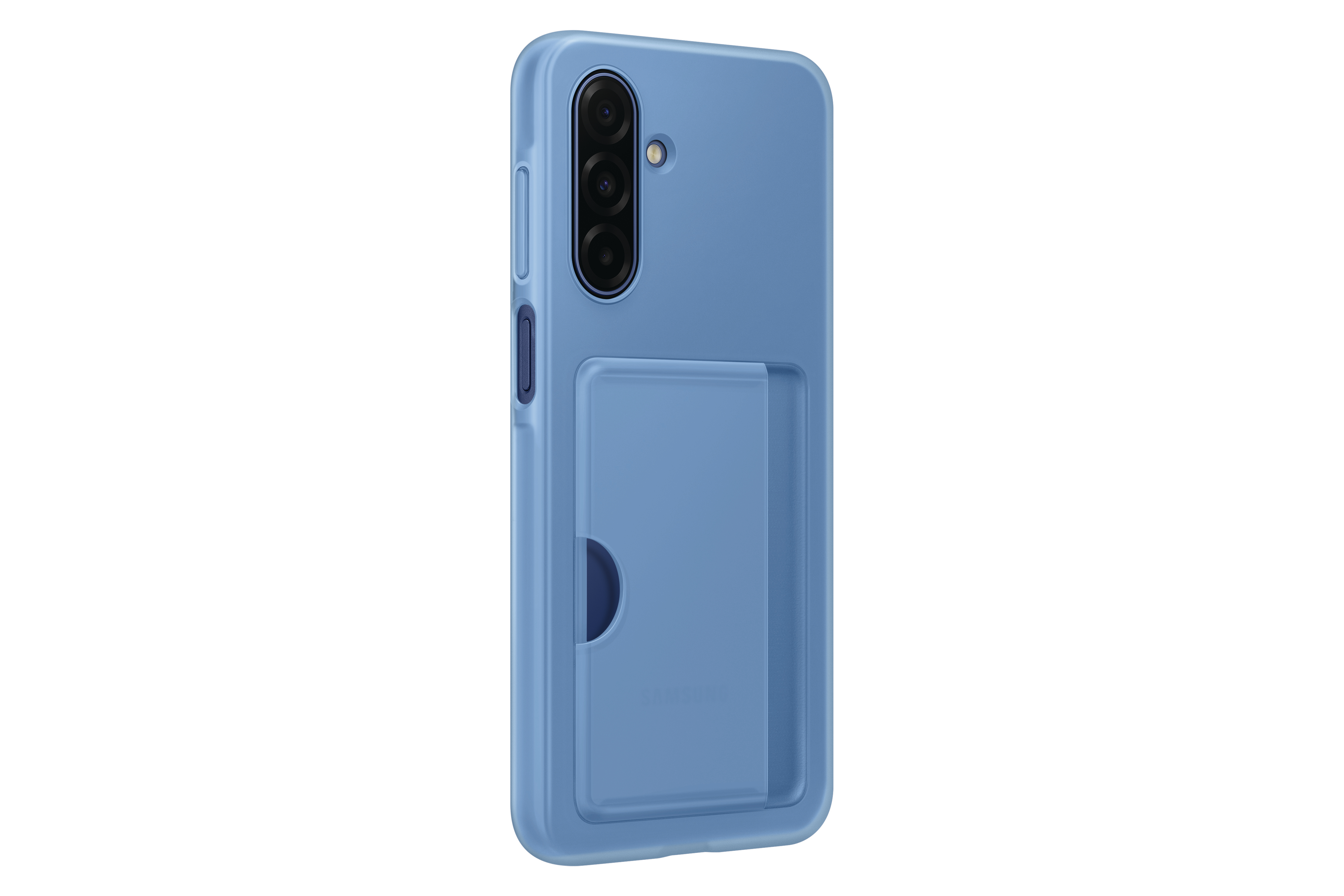 Eine hellblaue Handyhülle mit Kartenhalter wird gezeigt. Die Handyhülle hat eine Kamera und eine Lautstärketaste.