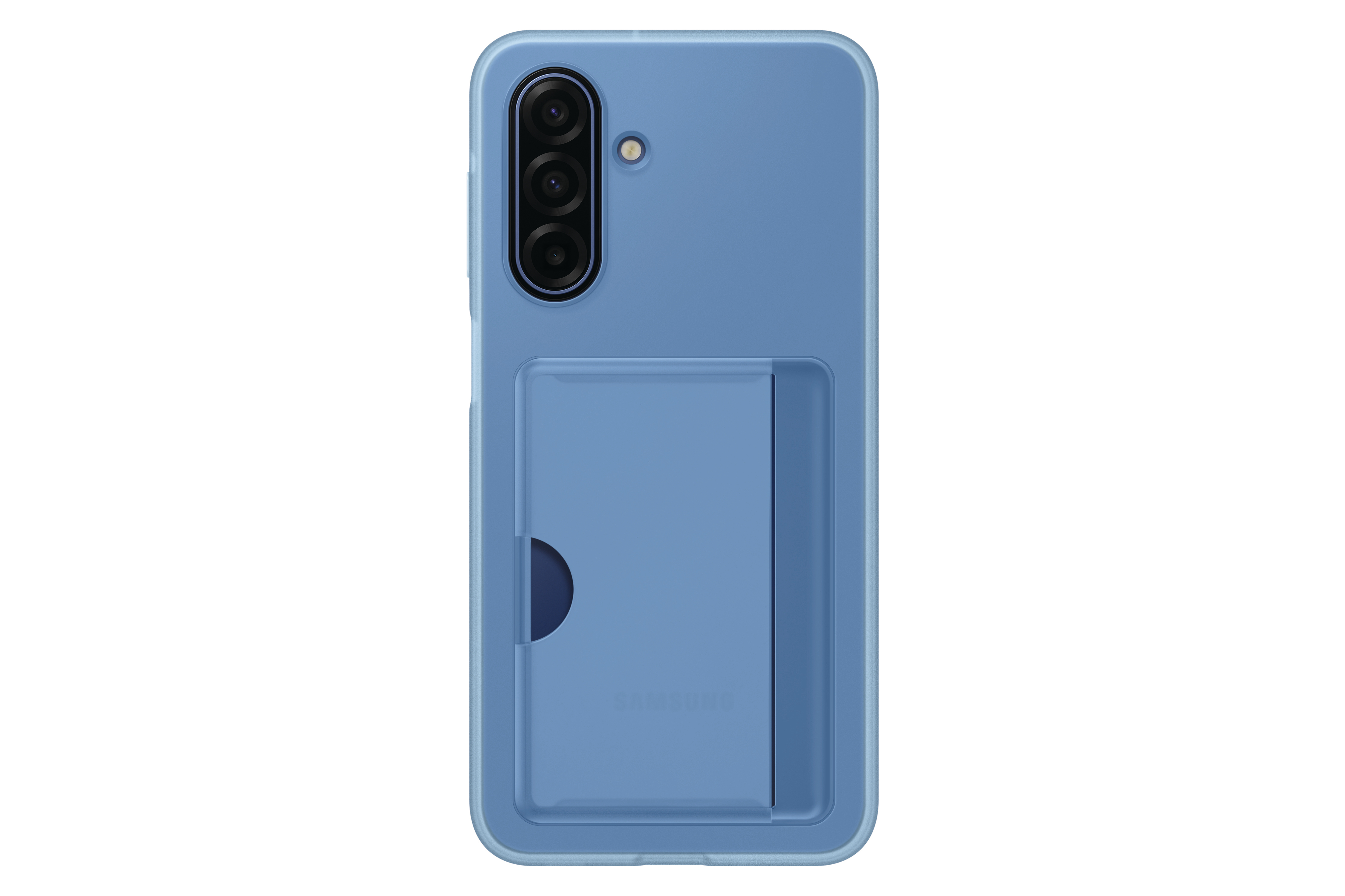 Eine blaue Handyhülle mit Kartenfach. Sie hat drei Kameralinsen und einen Blitz. Das Samsung-Logo ist sichtbar.