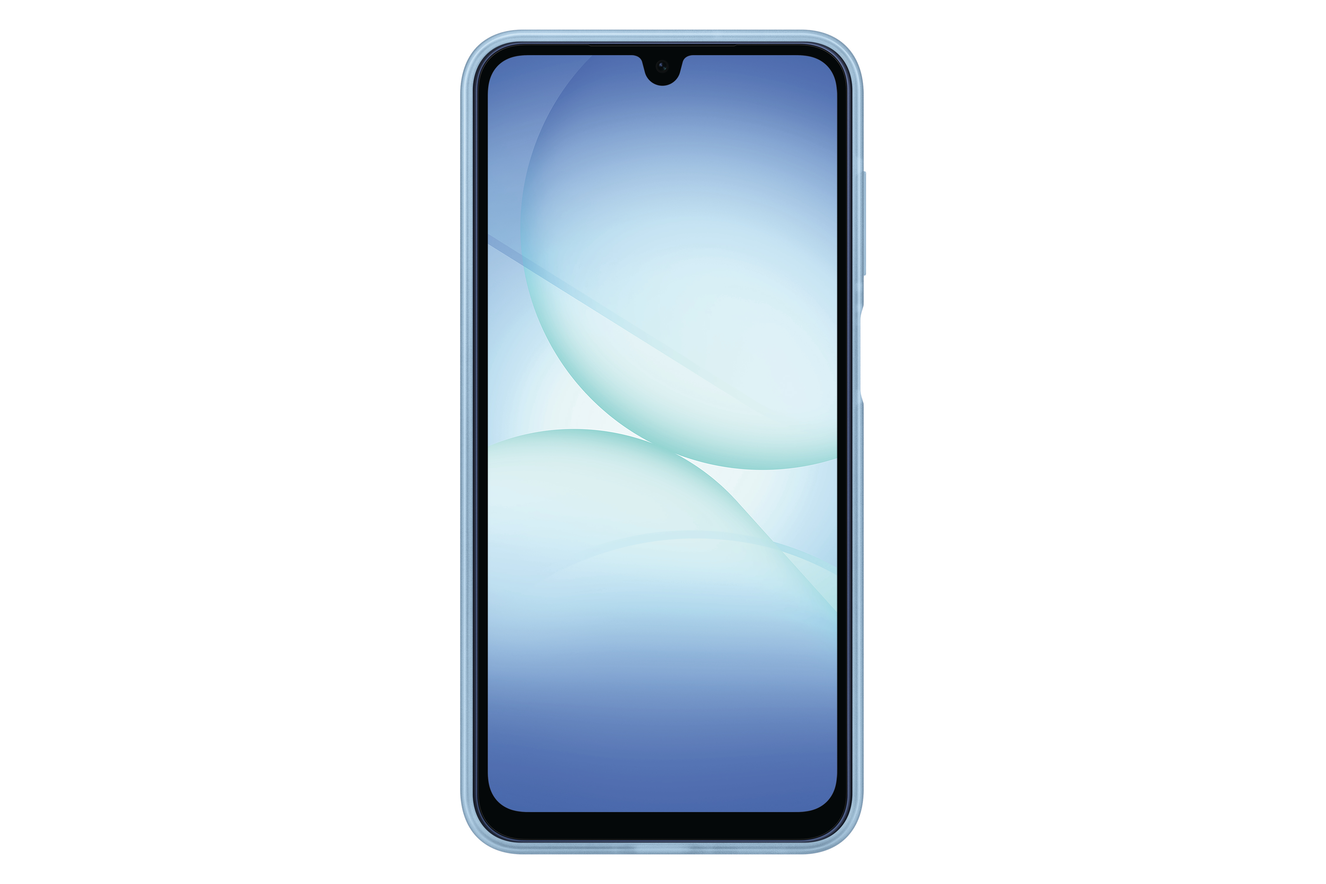 Ein Smartphone mit hellblauem Rahmen ist auf weißem Hintergrund zentriert. Der Bildschirm zeigt einen Blau-Weiß-Verlauf.