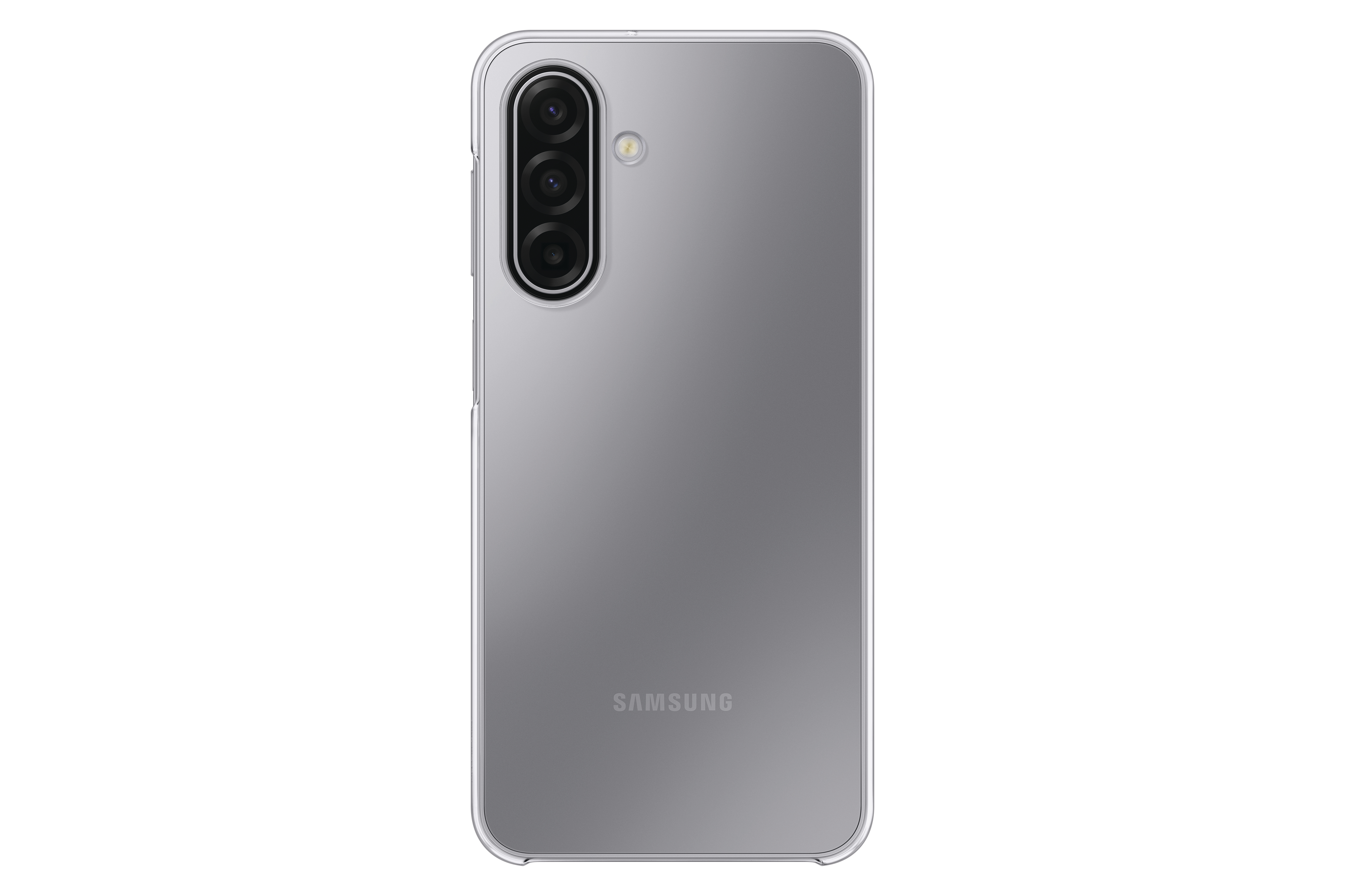 Ein silbernes Samsung-Handy mit drei Kameras. Die Rückseite ist grau mit dem Samsung-Logo.