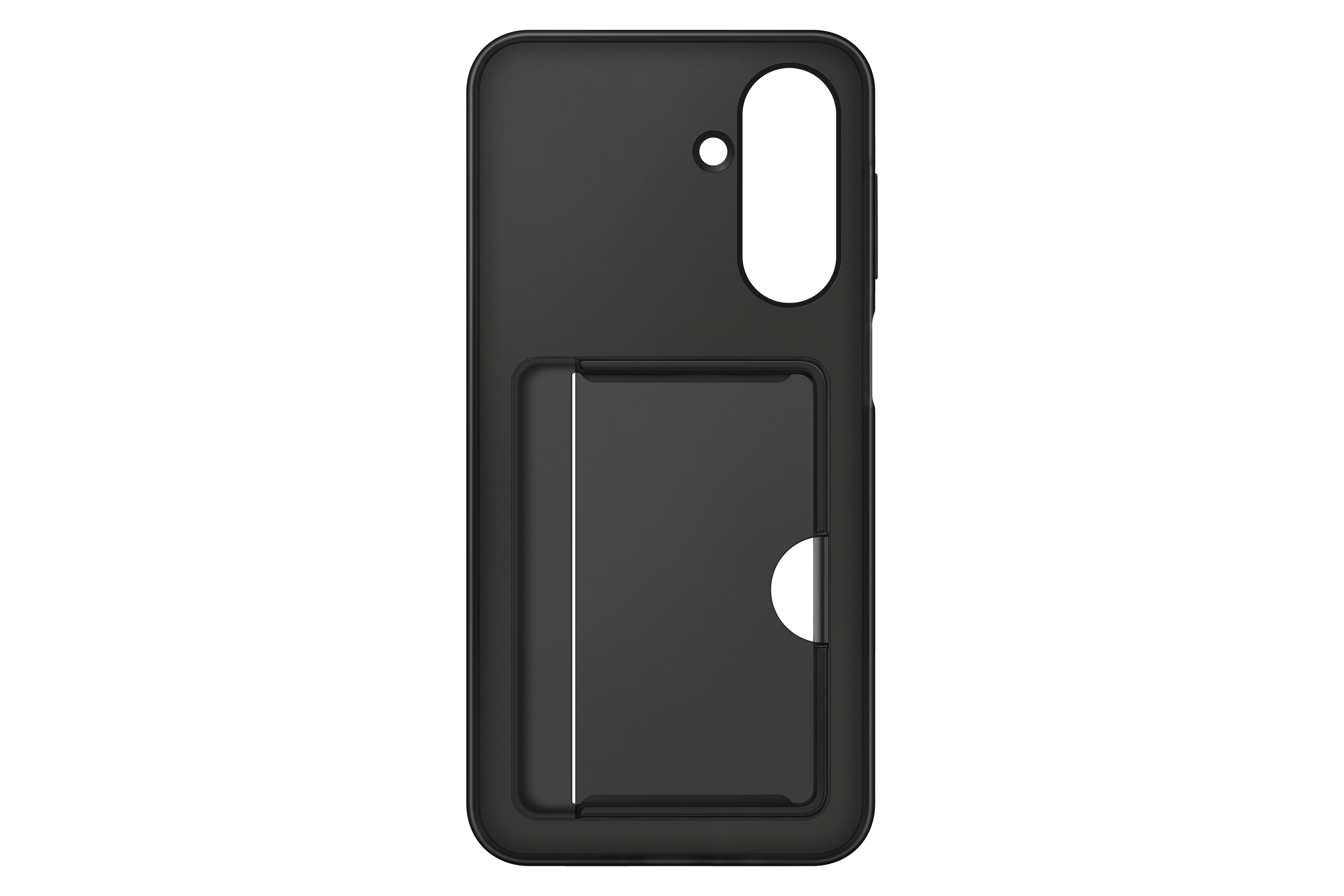 Eine schwarze Handyhülle mit Geldbörsenfunktion. Sie hat einen Kameraausschnitt, einen Kartensteckplatz und einen weißen Hintergrund.