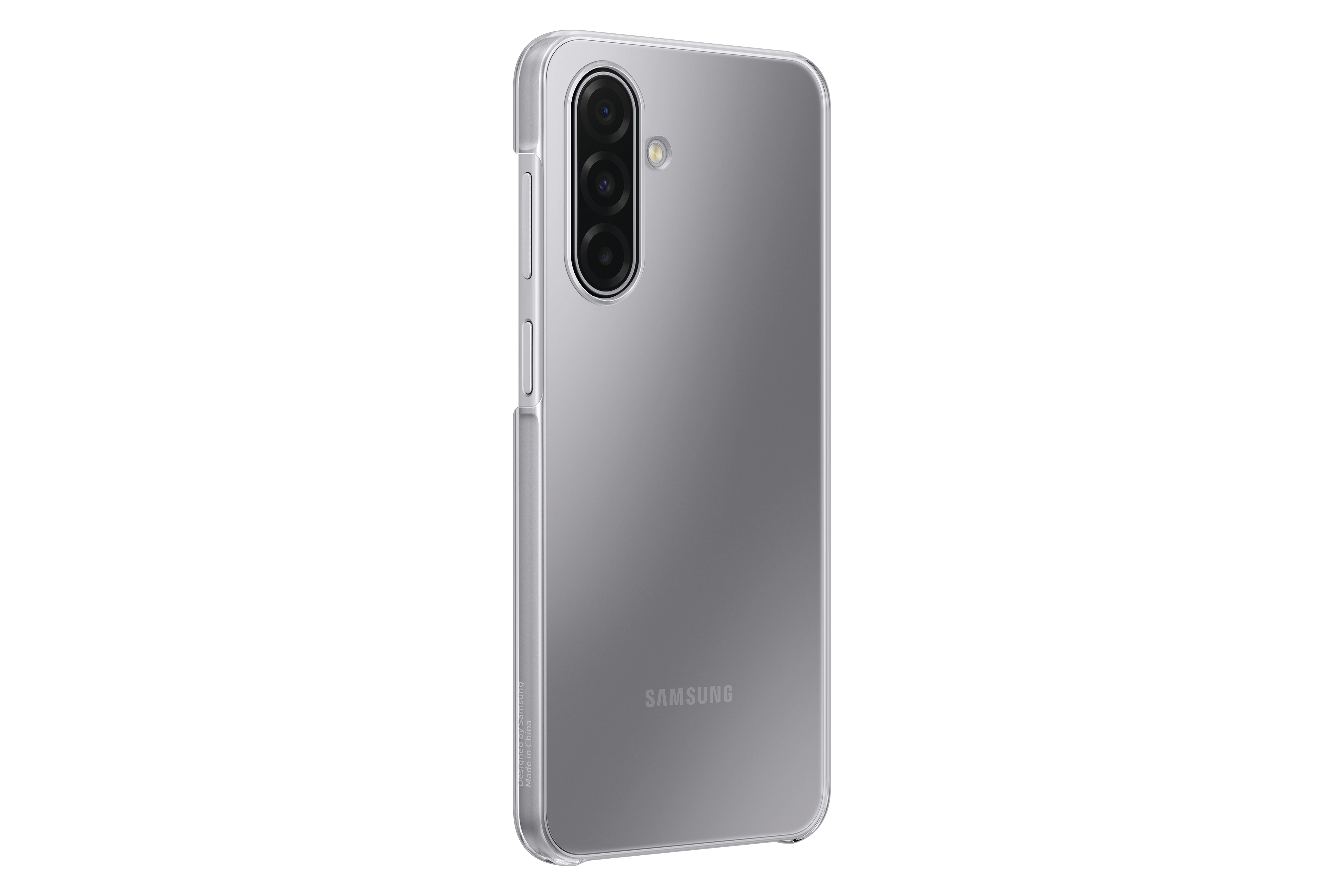 Ein graues Samsung-Handy wird in einer durchsichtigen Hülle gezeigt. Es hat drei Kameras und das Samsung-Logo ist sichtbar.