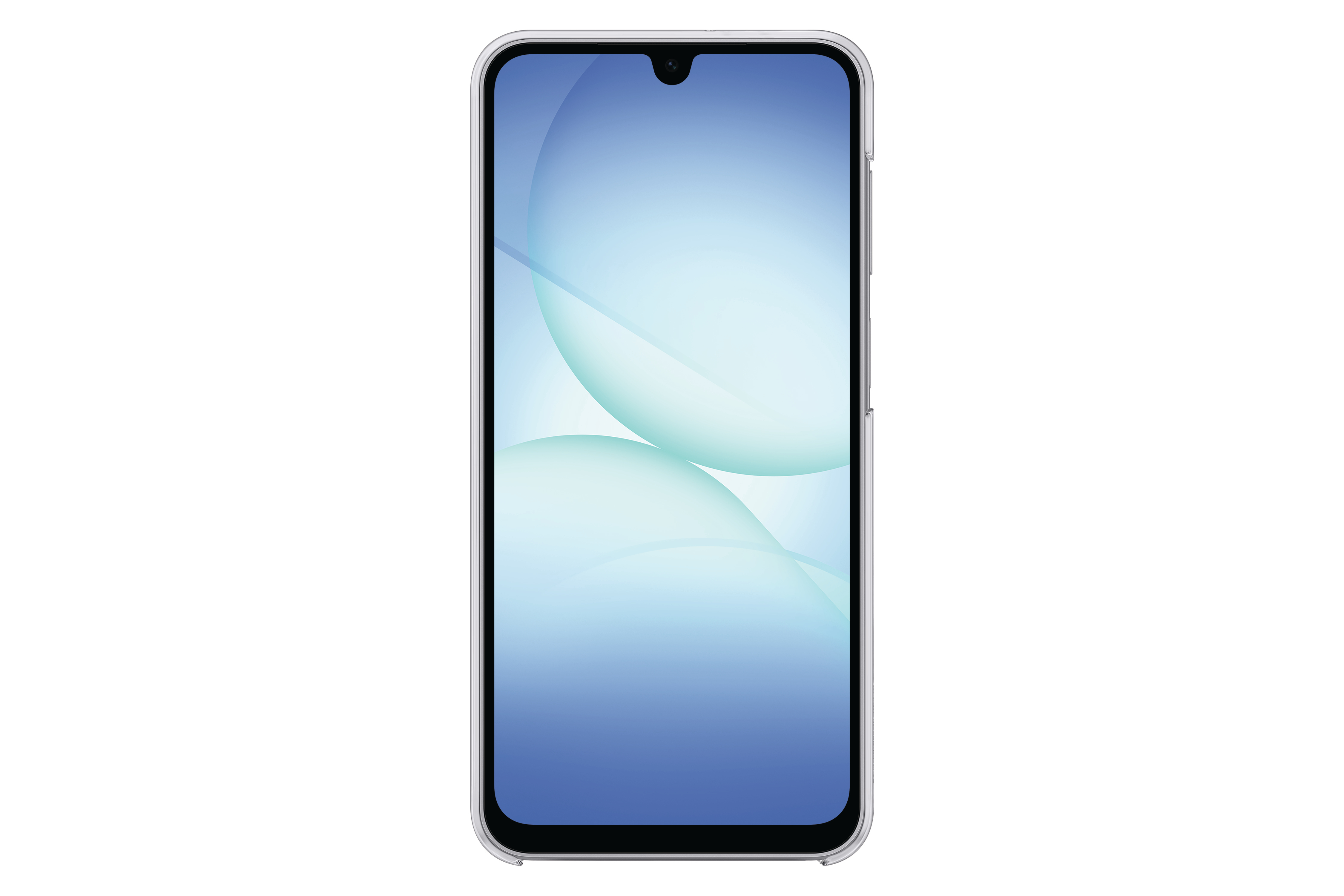 Smartphone, transparente Hülle, weißer Hintergrund. Bildschirm zeigt blaues und grünes abstraktes Design. Kamera oben sichtbar.