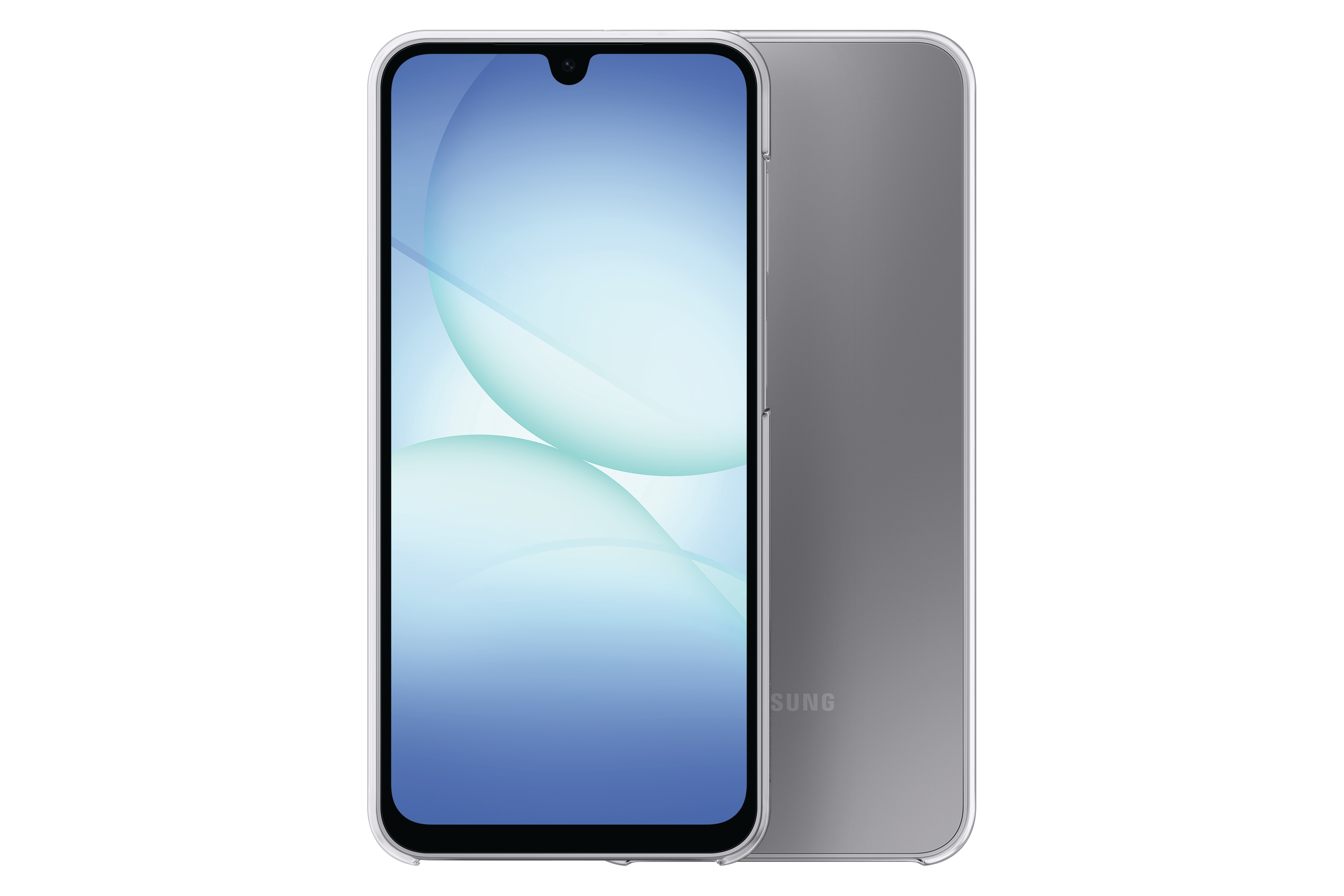 Ein silbernes Smartphone mit blauem Farbverlauf. Das Telefon steht aufrecht und zeigt Vorder- und Rückseite.