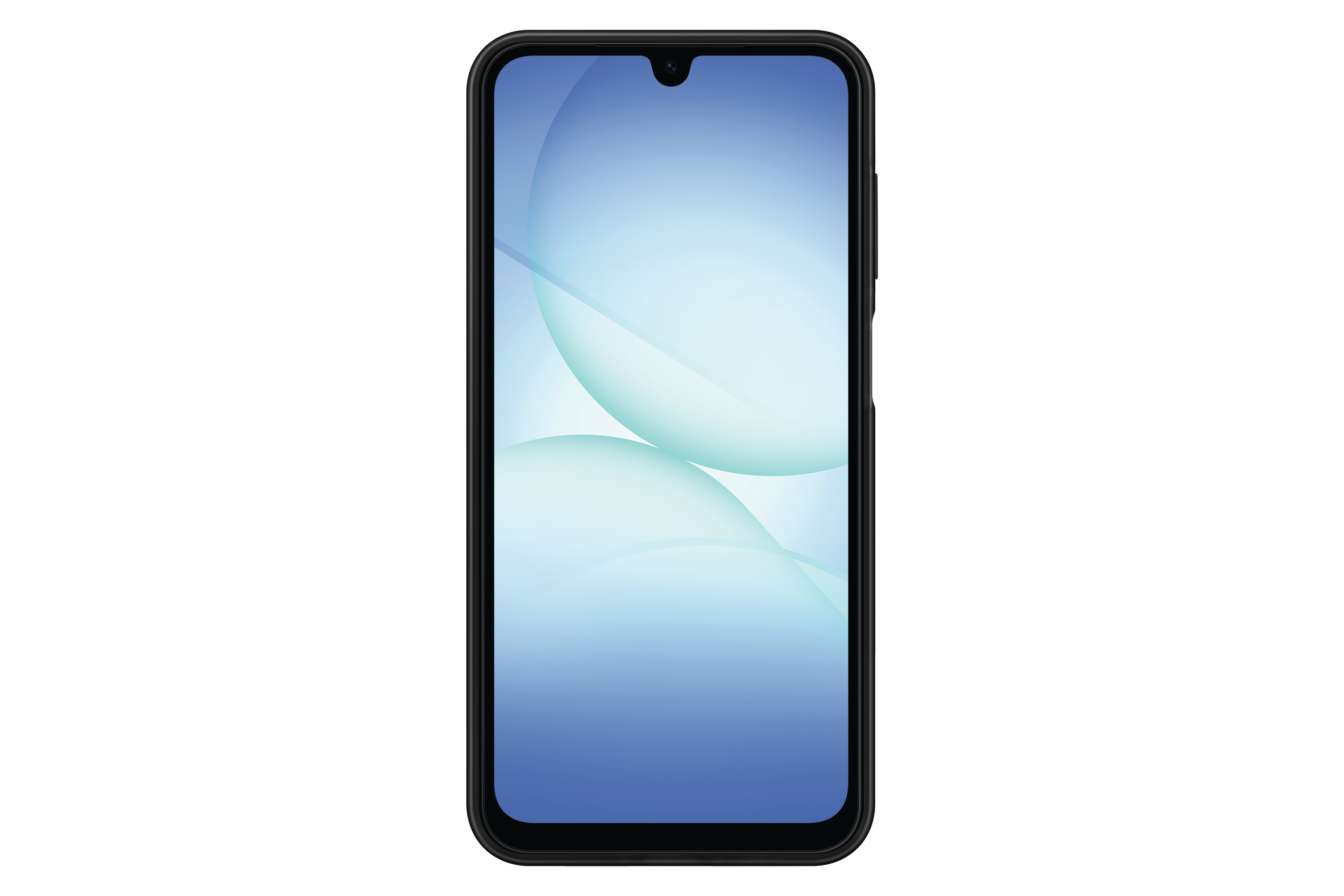 Ein schwarzes Smartphone vor weißem Hintergrund. Der Bildschirm zeigt einen blau-grünen Farbverlauf.