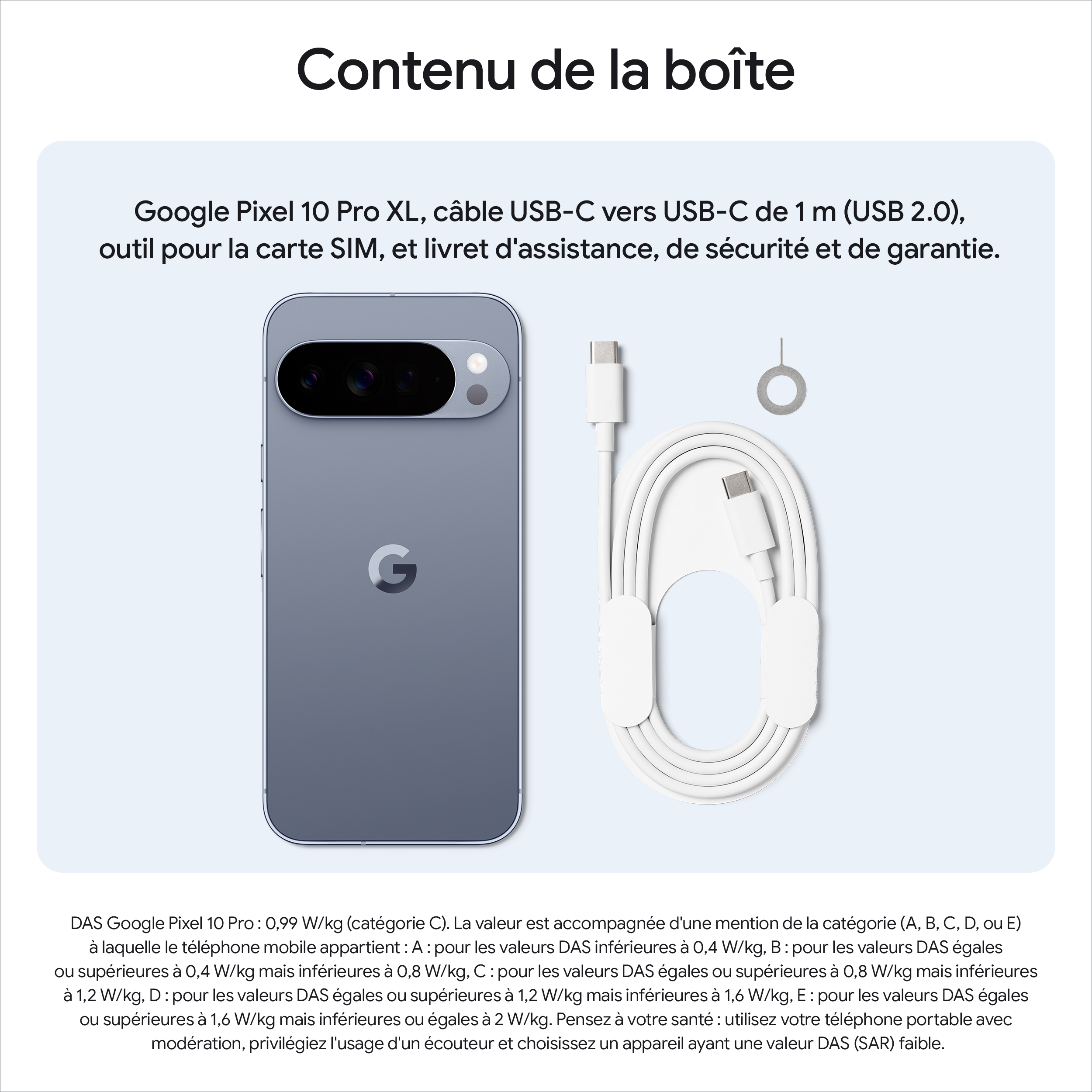 L'image montre un téléphone Google Pixel, un câble USB-C, un outil SIM et des documents. Le tout sur fond bleu clair.