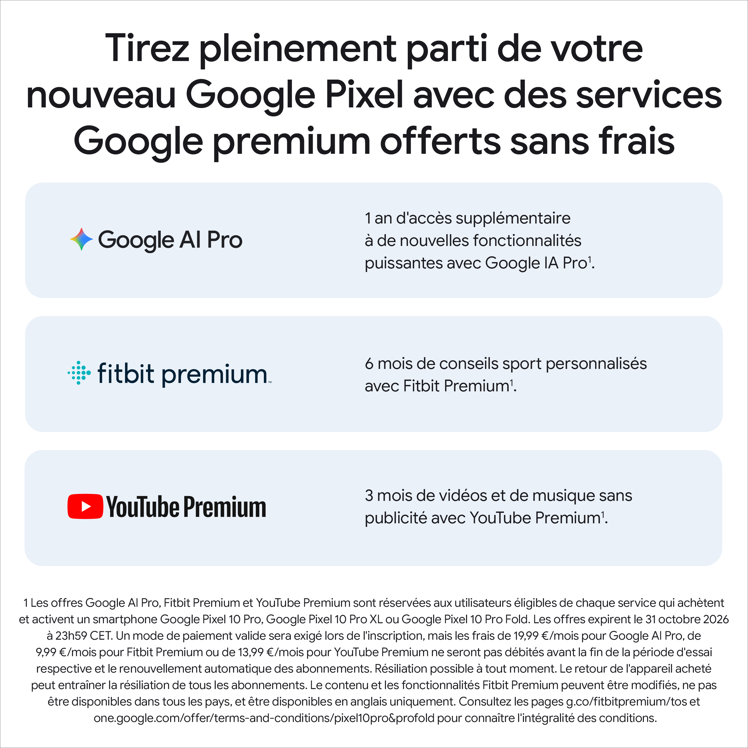 Publicité pour Google Pixel avec offres premium. Inclut Google AI Pro, Fitbit Premium et YouTube Premium.