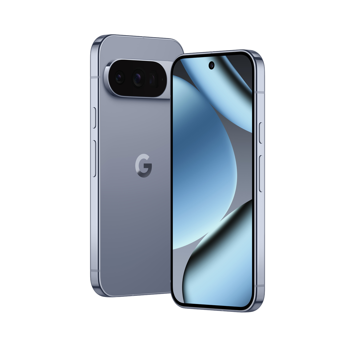 Deux smartphones bleu clair sur fond noir. L'un montre l'arrière avec les caméras, l'autre l'écran.