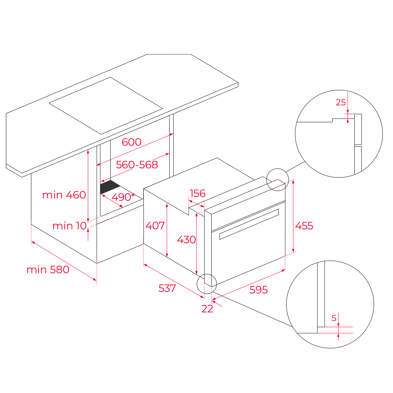 Diagrama de horno empotrado con dimensiones. Muestra medidas en milímetros para horno, armario y encimera.