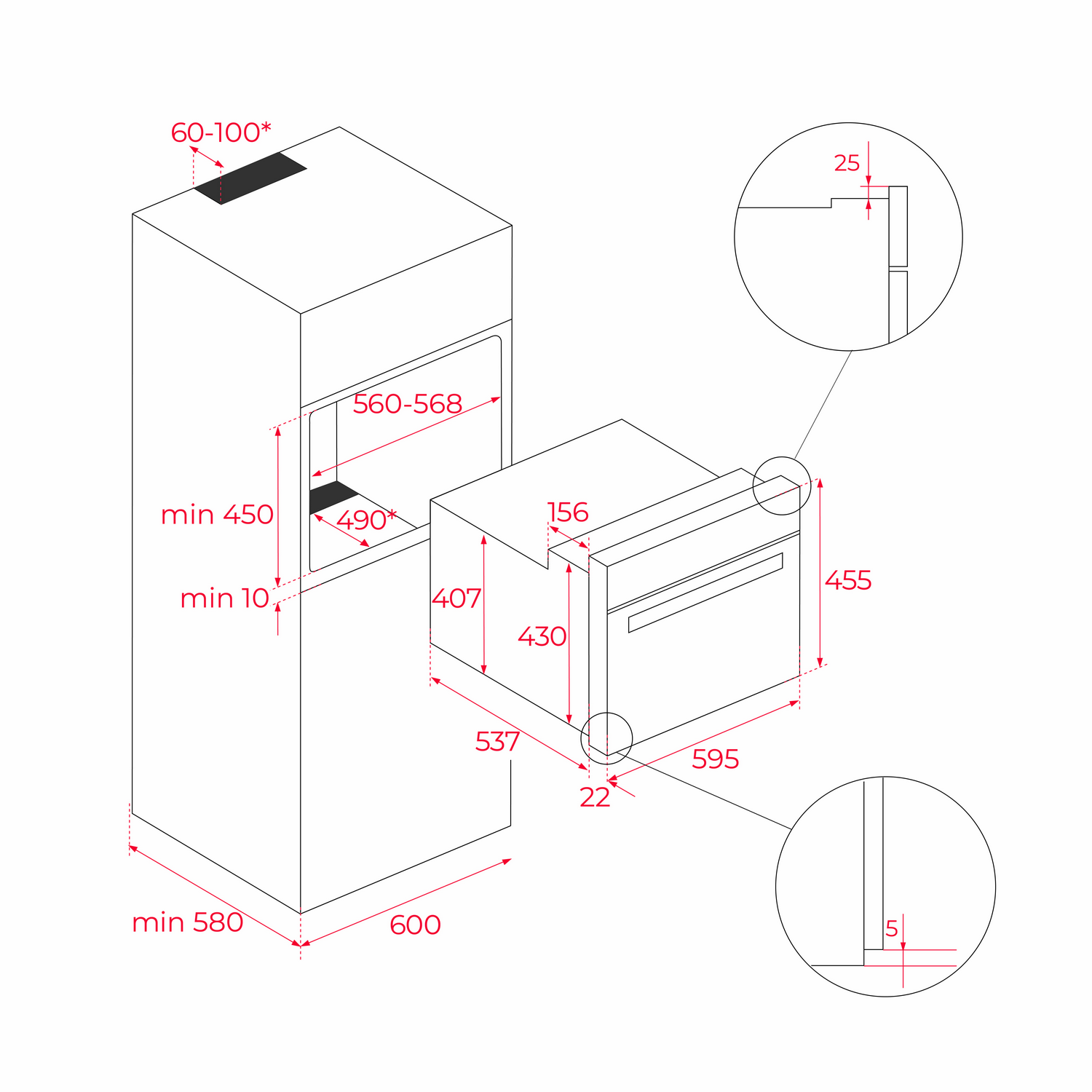 Vista isométrica de un horno con dimensiones en rojo. Incluye medidas de altura, anchura y profundidad, indicadas por flechas.