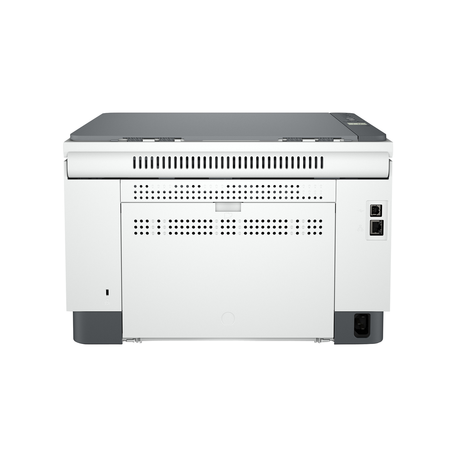 Achteraanzicht van een witte en grijze printer op een witte achtergrond. Het heeft ventilatieopeningen, poorten en een stroomaansluiting.