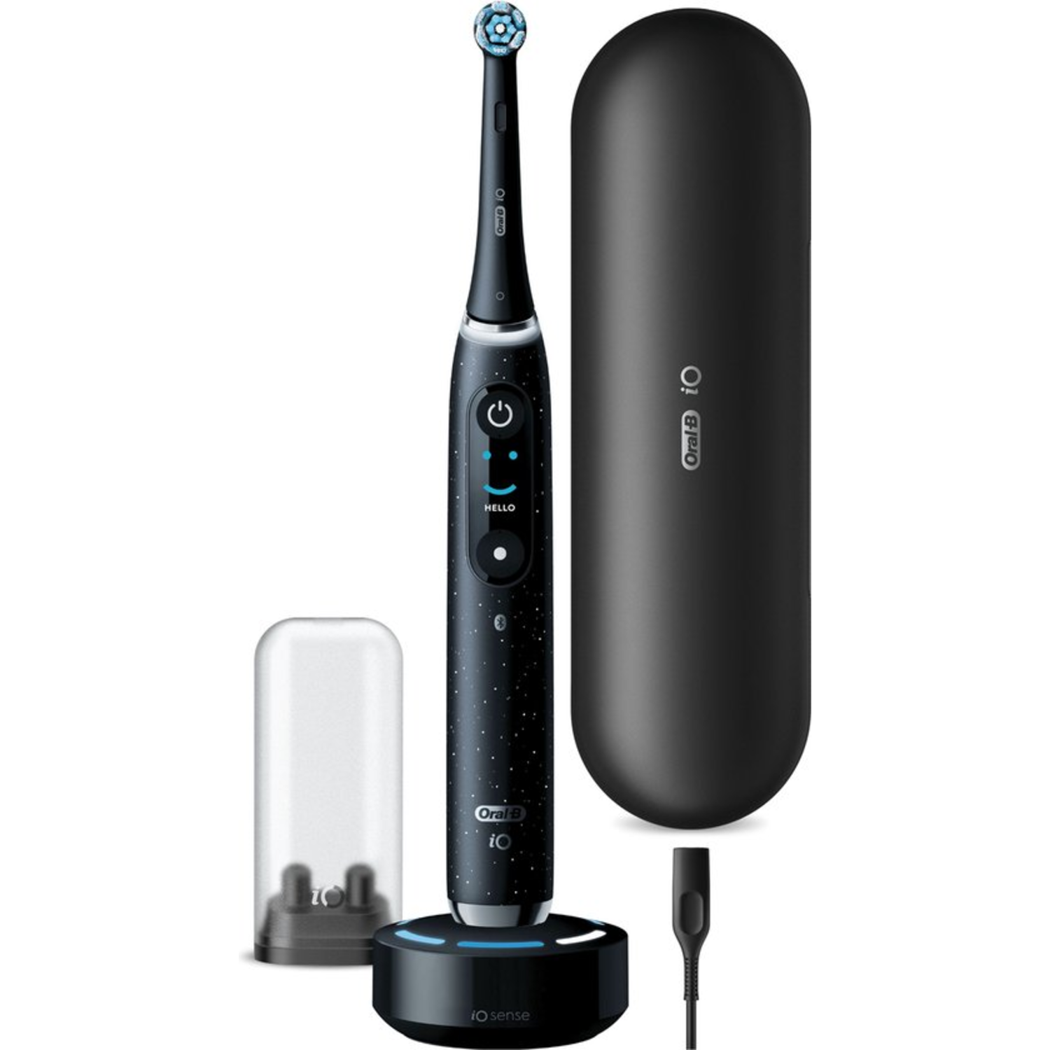 Zwarte Oral-B iO elektrische tandenborstel met etui, oplaadstation en reiskap. De borstel heeft een sterrenontwerp en een digitaal display.