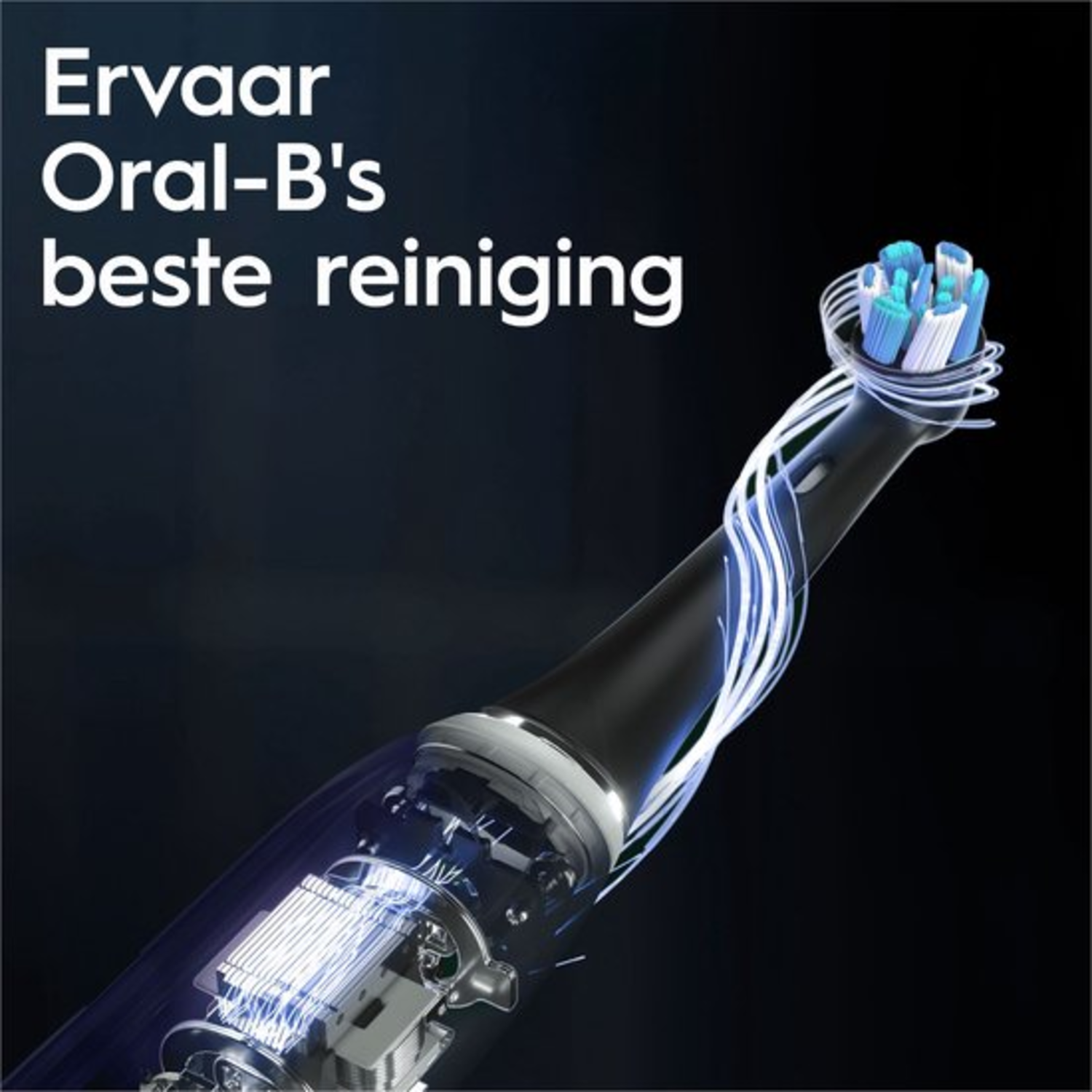 Une brosse à dents électrique Oral-B, avec la tête de brosse et le mécanisme interne mis en évidence. Le texte néerlandais dit 'Découvrez le meilleur nettoyage d'Oral-B'.
