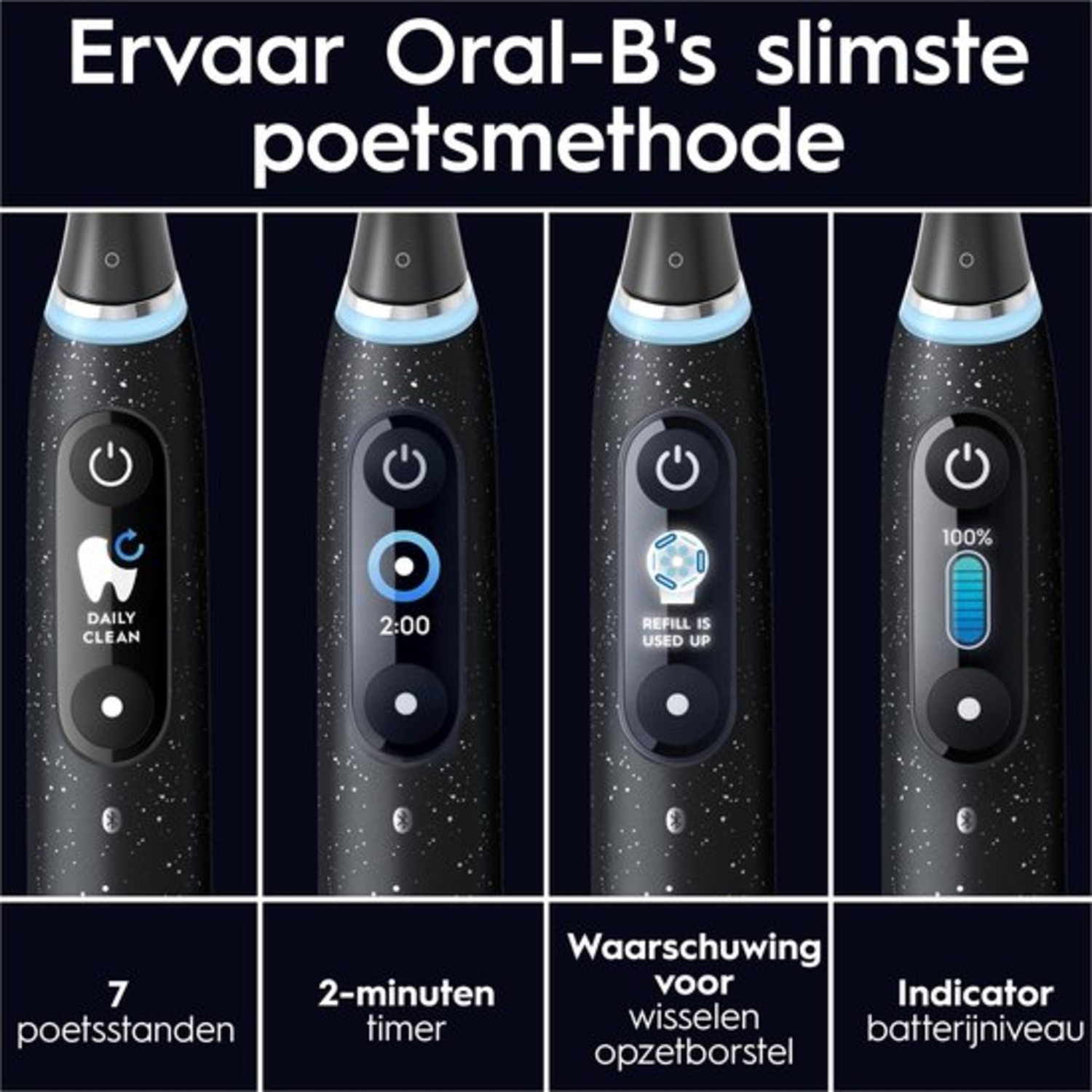 L'image montre quatre brosses à dents électriques. Chacune affiche différentes fonctions : nettoyage quotidien, minuterie, alerte de recharge et indicateur de niveau de batterie.