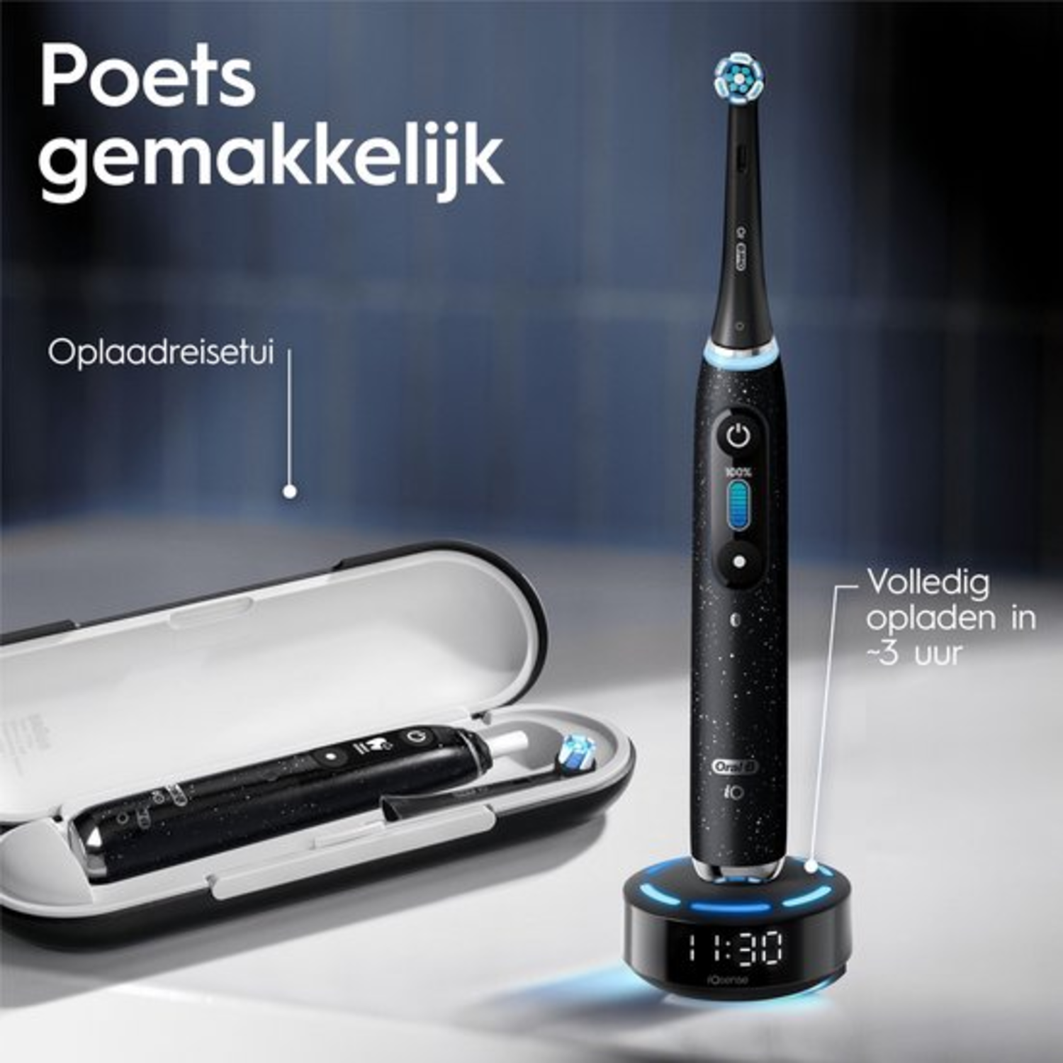 Brosse à dents électrique noire sur chargeur, étui ouvert avec brosse à l'intérieur. Texte: 'Poets gemakkelijk' et 'Volledig opladen'.